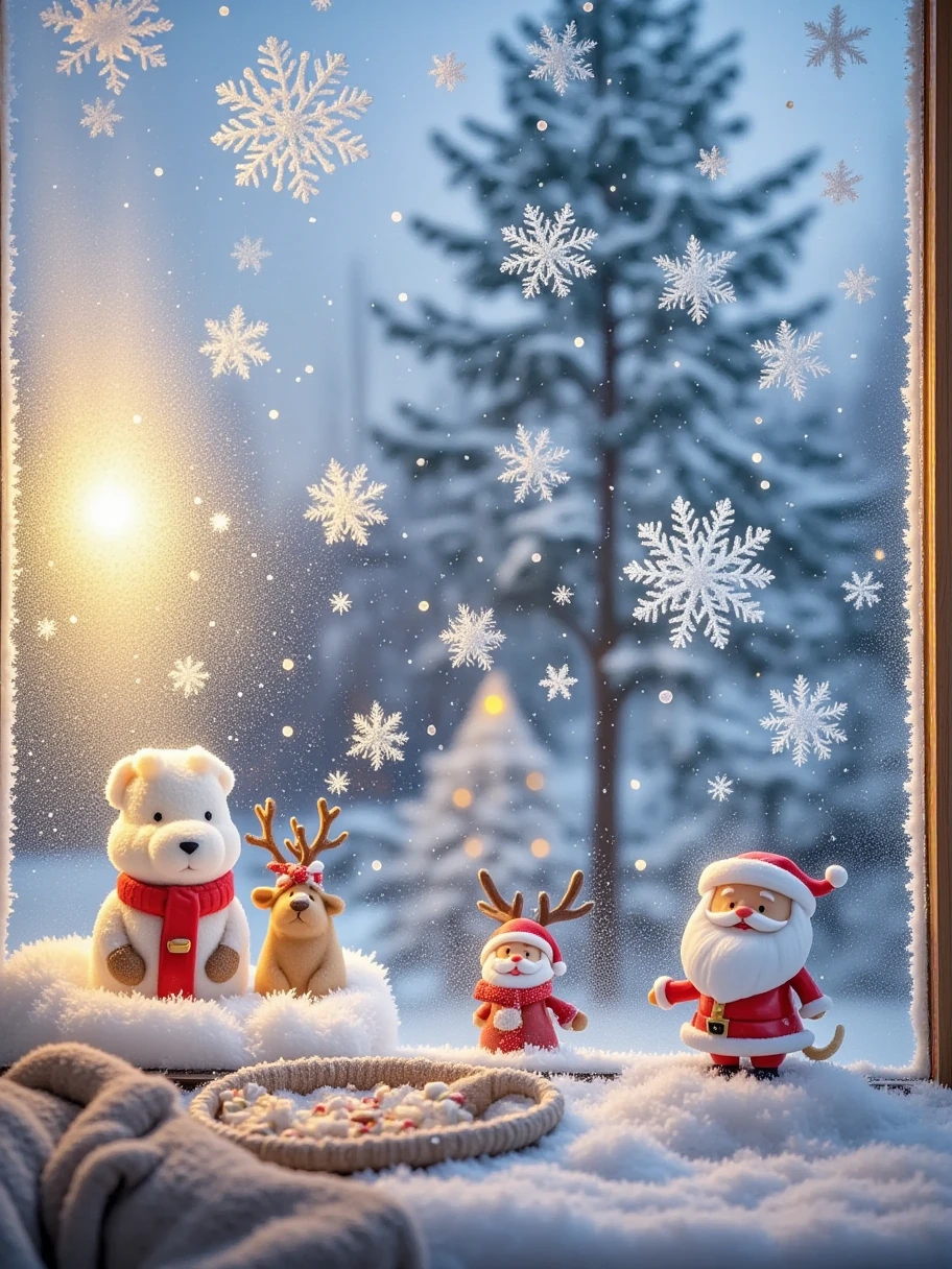  A Christmas house glass window ， paint with ice and snow on the glass window，White grainy ，Fantasy Christmas world，In a cosy room， 1  and 1  wearing Santa costumes enjoying Christmas dinner。The room is decorated with a tall Christmas tree，The tree is filled with shining lights and colorful decorations。Next to it is a pile of gift boxes，Exquisite packaging reveals expectations and surprises。Fireplace burning with warm flames，Various Christmas decorations are placed around，A funny portrait of Santa Claus hanging on the wall。 Tantalizing Christmas food on the table ，like gingerbread cookies，Candy canes ，Candy, etc。Kitten at feet lies on Christmas rug，Wear a red scarf， white fog on glass ， paint the picture with your finger ，Sense of story， picture pure white ice and snow particles ，Pure white picture