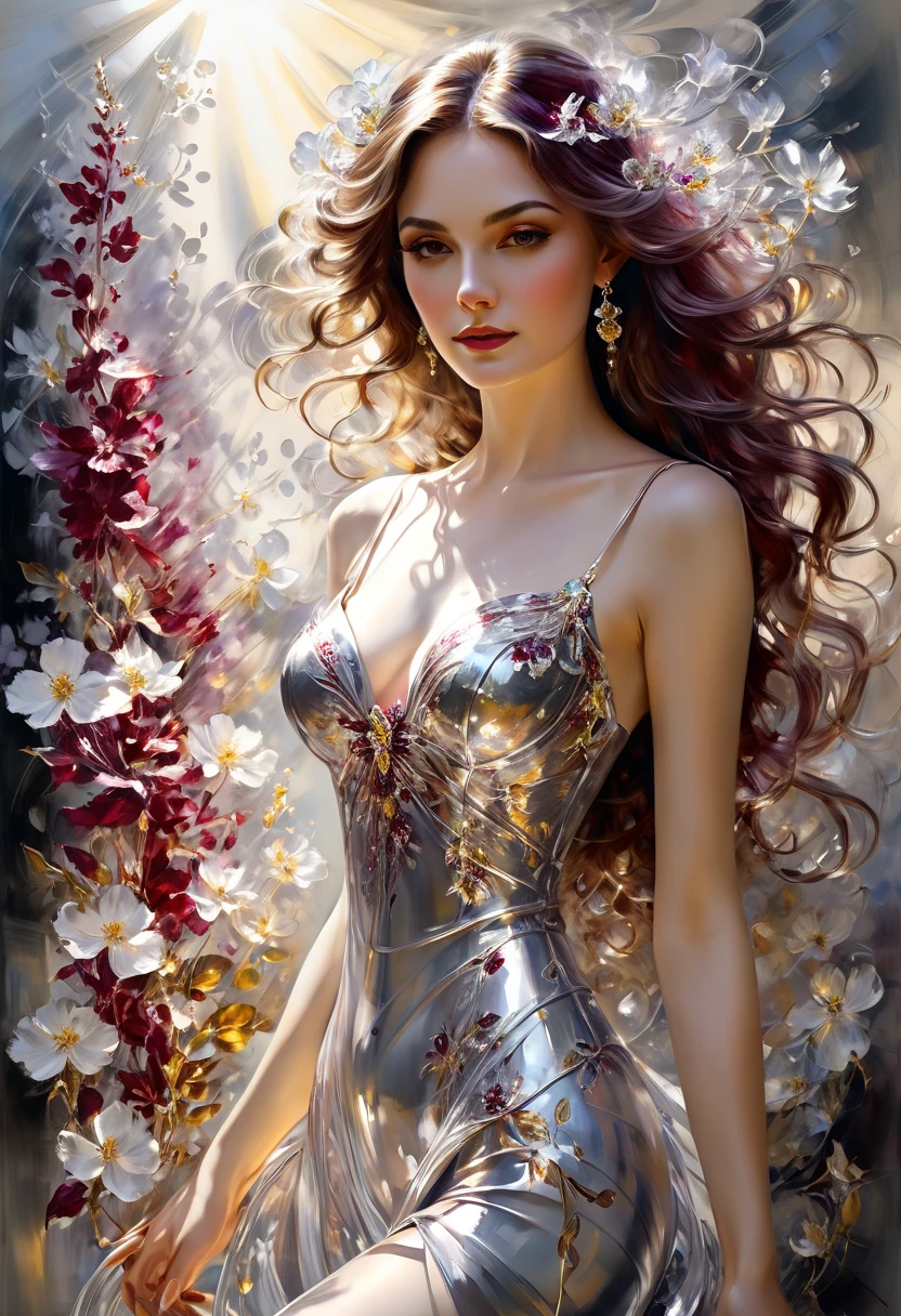 Mikhail Garmash's style, transparent thinnest delicate petals silvery-smoky-burgundy, wavy at the edges, glow in the sun, dark fantasy, 3D, fine art, harmony of milk silver-gold colors, high resolution, spectacular colors, drawing with colored ink and pen, dark botanical art, fabulousness