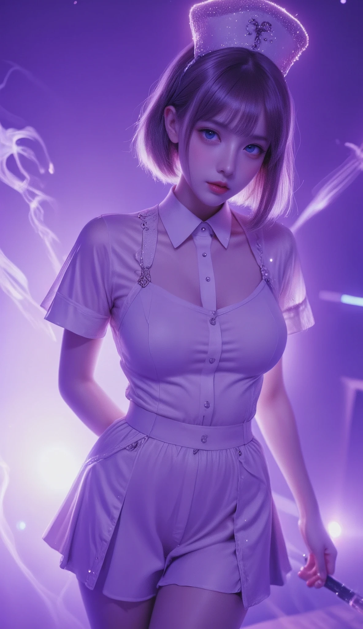 Reality, reality texture, Japanese women, nurse uniform, big breasts, Hirose Alice, female singer with bob hair, skirt, live performance, stage filled with smoke, purple lights, infusion. Syringe, operating table,