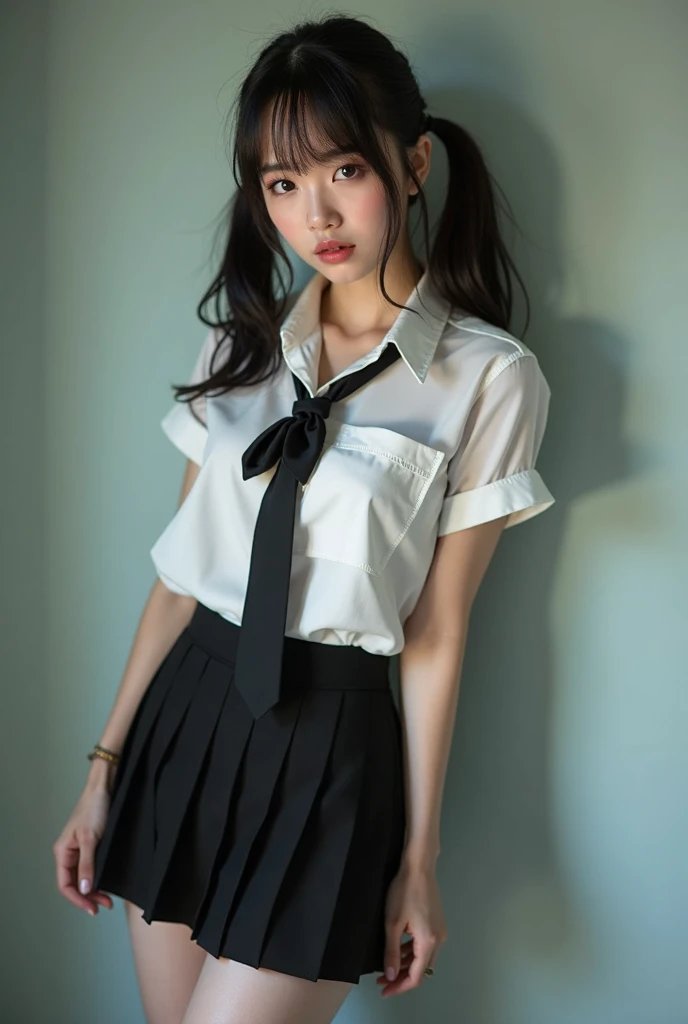 a closeup, masterpiece, top-quality, FULL ANATOMY、Raw foto, Photorealsitic, faces, beautiful a girl, cute little, shorth hair、depth of fields, hight resolution, ultra-detailliert, finely detail, ighly detailed, extremely detailed eye and face, Realistic pupils, foco nítido, Cinematic lighting、flat breast、tiny chest、small tits、(Petite bust:1.2)、Petite bust、 (Slimed、small tit、flat boobs、small tit)、 15 year old woman、Sexual facial expressions、sexy pose、 Wet body、Blushing、Sweating、Very embarrassed look、The face is bright red、Schoolgirl Uniform、Panties are visible from the skirt、Very detailed 8k wallpaper、Sheer white shirt、Navy blue ribbon at the collar、Dark blue pleated micro mini、Show me your whole body、Plump string panties、((Lift the hem of the skirt、Lift the hem of the skirt with both hands、Lift the hem of the skirt yourself,、Show your red sexual panties on camera))、is standing、Bokeh in the background、Hairstyle with bangs,Black-rimmed glasses、overknee socks,in front of crowd、A smile