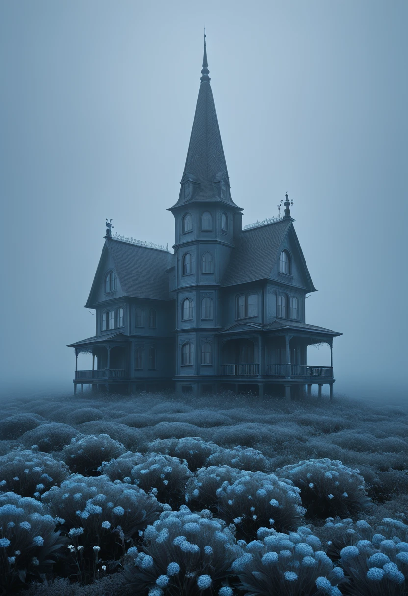 Photography, buildings in fog, blue sky, twilight, in the style of Aron Wiesenfeld, in gray and black tones, restless blue sea,Gothic, nature, many small details, dark botany, flowers, clear outlines,high detail, increased sharpness, spatial image, relief, close-up, 4k, high resolution, 30 mm lens, ISO 100