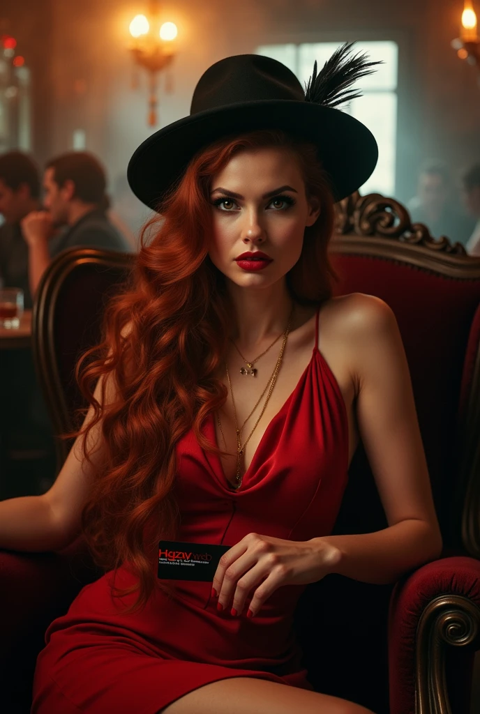 "Photorealistic image of a gorgeous professional female Instagram influencer model with long reddish-blonde hair and captivating eyes. She is sitting comfortably in a luxurious leather chair in a dimly lit cigar lounge. The warm lighting fills the room, casting soft shadows over her features. She is elegantly dressed in a red cocktail dress, paired with high heels, and is enjoying a cigar held delicately in her hand. On the table beside her is a glass of whiskey, reflecting the warm light. The background is blurred, showing other patrons in the lounge, adding depth and atmosphere to the scene. Canon EOS R5, 85mm lens, soft warm lighting, high detail, sharp focus, 4K resolution"