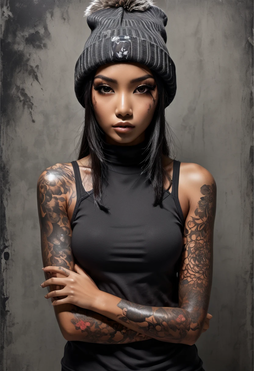 "(full body), dark kawaii, tanned skin, beanie, front view, sassy pose, horror movie poster, against a grunge feldgrau, off-white, and charcoal background, triple exposure, perfect eyes, perfect hands, perfect body, japanese ink, immaculate composition, brian viveros, katsuya terada, esao andrews, anne stokes, complex pose, dynamic light and shadow, bold high quality"