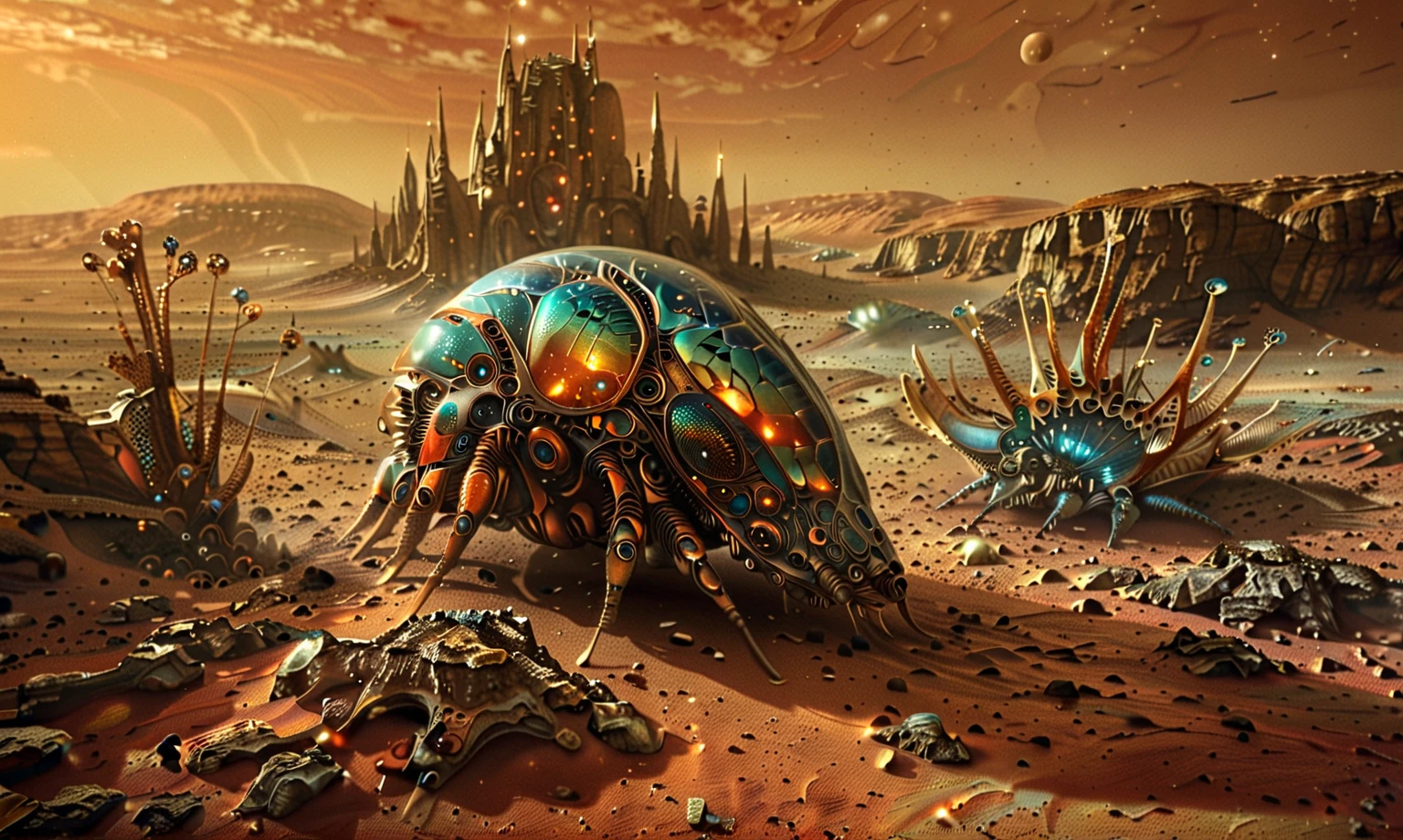 “A surreal and highly detailed scene featuring giant insect-like creatures with elongated, thin legs standing in an expansive, arid desert landscape. The creatures have orange, chitinous exoskeletons with intricate bone-like textures and patterns, and their heads feature large, glossy black eyes, giving them an alien and majestic appearance. The largest creature is positioned prominently in the foreground, towering over the viewer, while several smaller creatures stand in the distance, adding depth and scale. The environment has a cracked, dusty orange ground reminiscent of Mars, with a clear blue sky overhead. The lighting is soft and natural, casting long shadows that enhance the creatures’ imposing size. The overall style is hyper-realistic with a science-fiction aesthetic, evoking a sense of wonder and otherworldly beauty.
