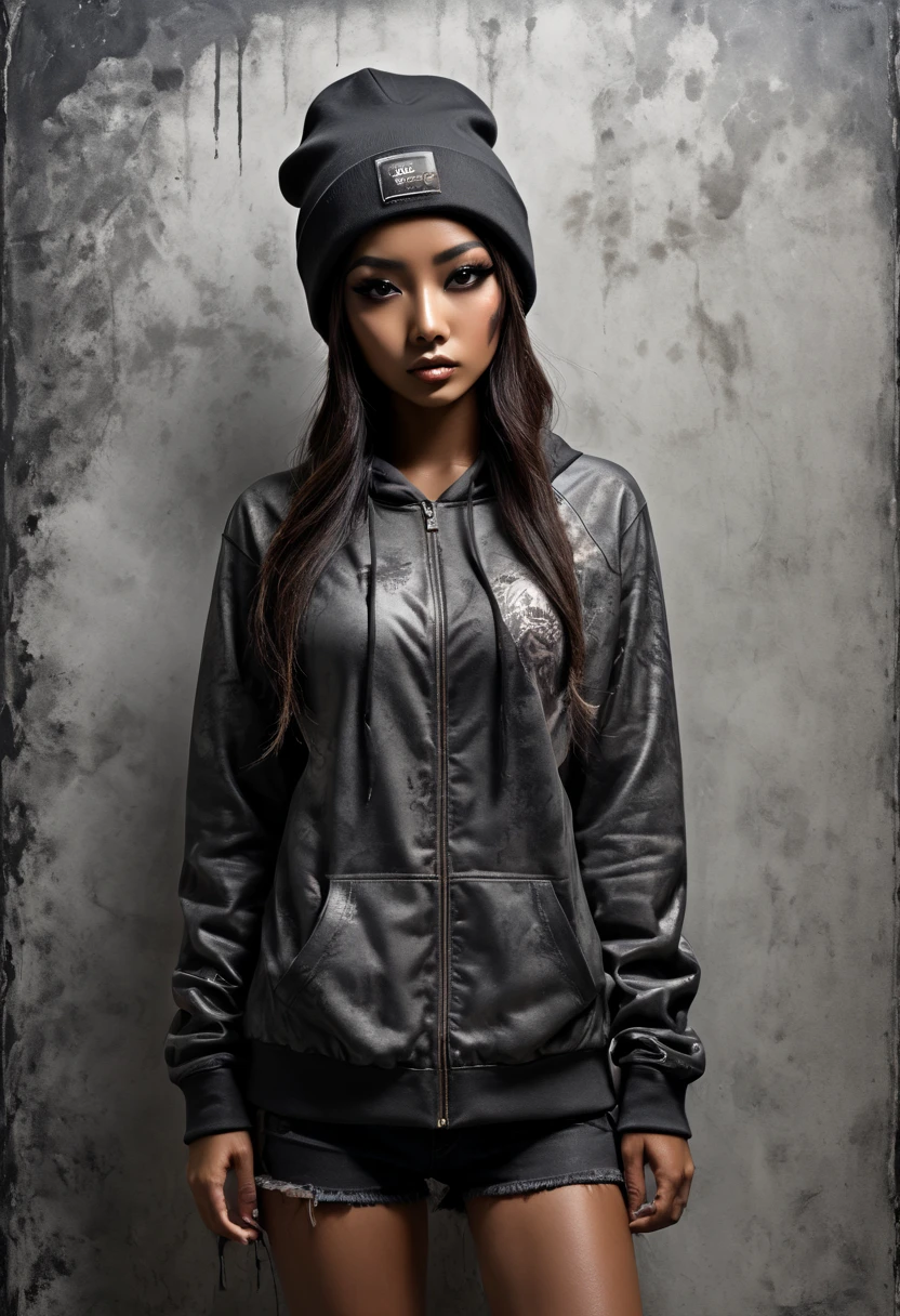 "(full body), dark kawaii, tanned skin, beanie, front view, sassy pose, horror movie poster, against a grunge feldgrau, off-white, and charcoal background, triple exposure, perfect eyes, perfect hands, perfect body, japanese ink, immaculate composition, brian viveros, katsuya terada, esao andrews, anne stokes, complex pose, dynamic light and shadow, bold high quality"