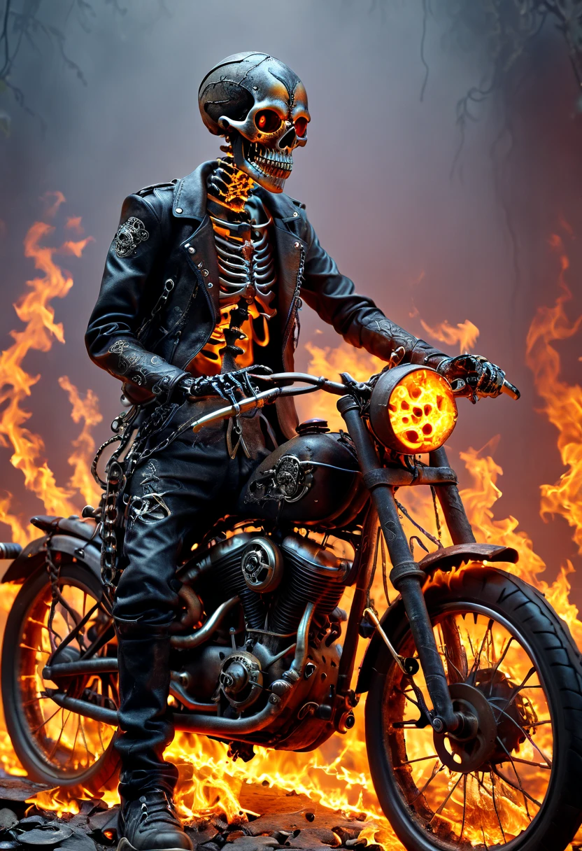 A skeleton with flame languages in his eyes sits on an old bike, wears leather clothes, chains on clothes, around an old abandoned world, better quality, hyper-realism, render