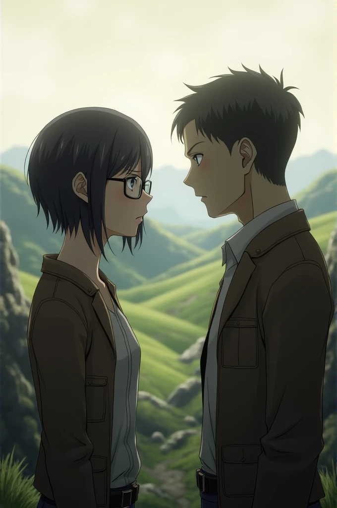 attack on titan female character short hair weary eyeglasses  and hangout with bertholdt hoover at hills