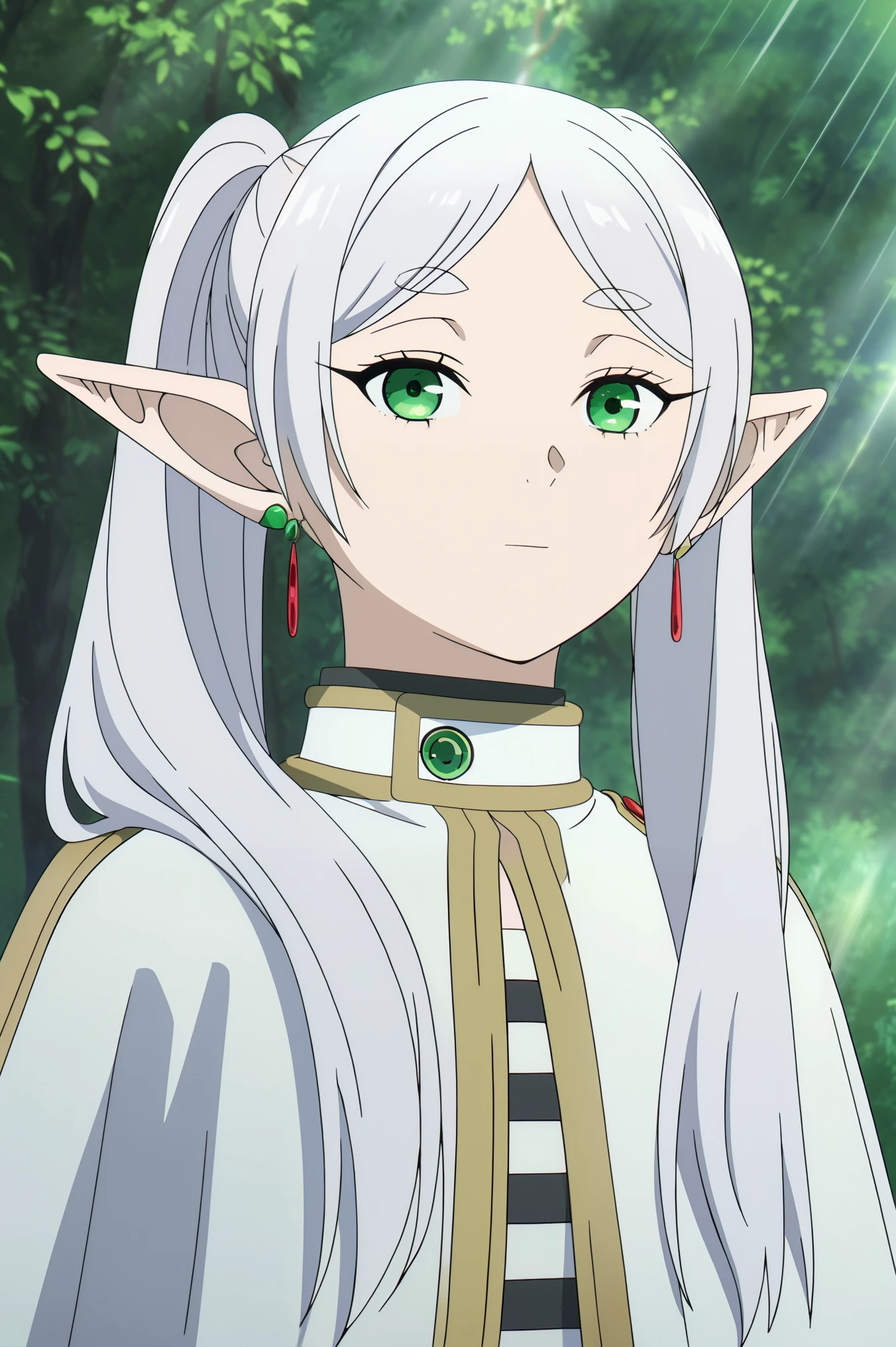 (frieren),, 8k, masterpiece, ((highest quality)),((Very detailed)),masterpiece,Detailed face,Beautiful Face,(Fine grain, small_Eye light, Deep Eyes),One girl((Dynamic pose)),, Pointed Ears, White capelet, alone, Fairy, Earrings, Green Eyes, Long Hair, Outdoor, Day, badass 