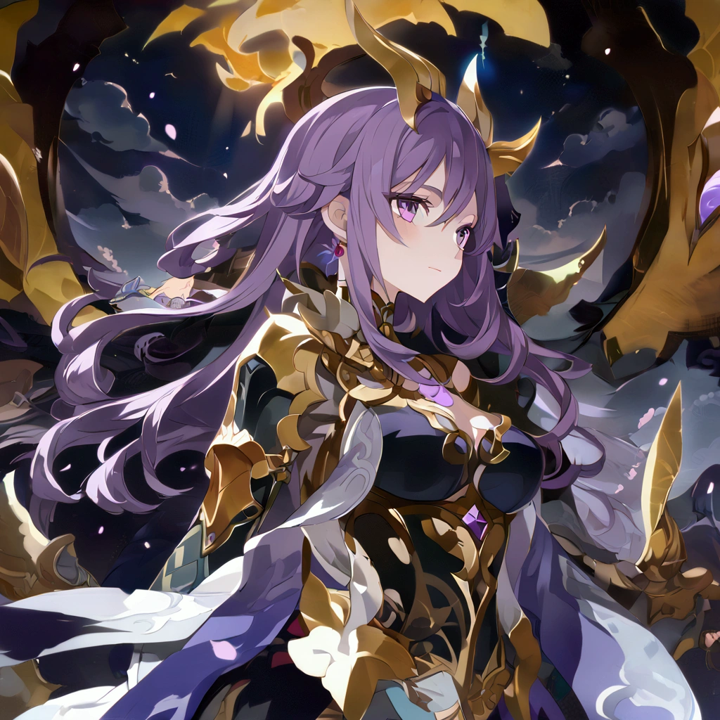 anime girl with purple hair and gold armor, detailed anime art, detailed digital anime art, genshin impact