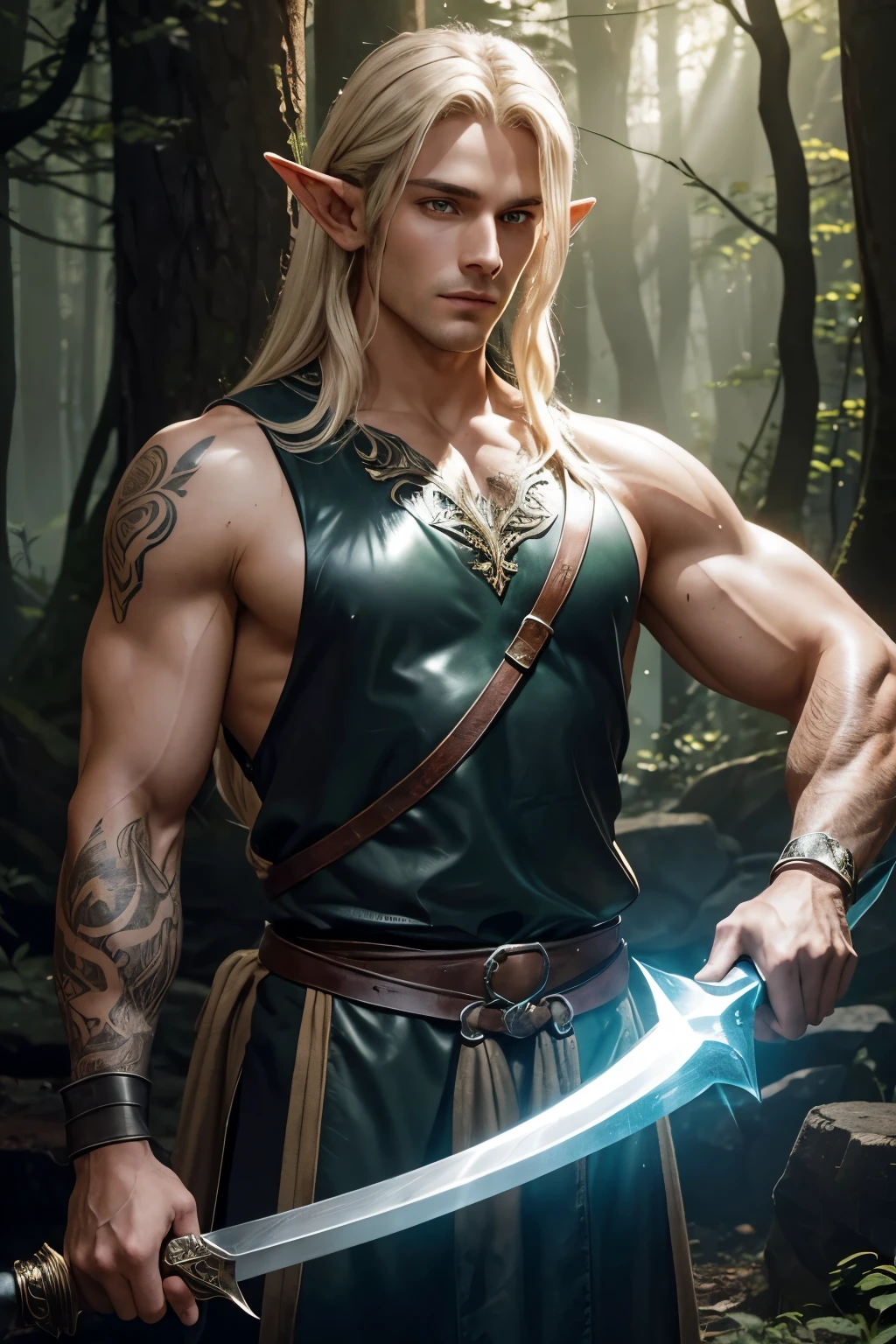 (((Solo focus.))) (((Single character image.))) (((Looks like a great fantasy adventurer.))), ((large bulge)), bulgeJ8, (((Long blond hair. in a topknot))) (((Dressed in medieval fantasy attire.))) (((Handsome and young.))) (((Looks like beefcake male fantasy character.))) (((Dressed in medieval fantasy attire.))) (((Ideal male physique.))) (((Bare chest, tattoos, perfect abs.)))  (((Swashbuckler fashion.)))  Looks like a fun-loving and heroic male adventurer for Dungeons & Dragons. Looks like a very attractive male adventurer for a high fantasy setting. Looks like a handsome and rugged male adventurer for Dungeons & Dragons. Looks like a handsome male for a medieval fantasy setting. Looks like a Dungeons & Dragons adventurer, very cool and masculine hair style, black clothing, handsome, adventurer, athletic build, excellent physique, confident, gorgeous face, gorgeous body, detailed and intricate, fantasy setting,fantasy art, dungeons & dragons, fantasy adventurer, fantasy NPC, attractive male in his mid 20's, ultra detailed, epic masterpiece, ultra detailed, intricate details, digital art, unreal engine, 8k, ultra HD, centered image award winning, fantasy art concept, digital art, centered image, flirty,ure:1.4, picture-perfect:1.0,8k, HQ,best quality:1.0,