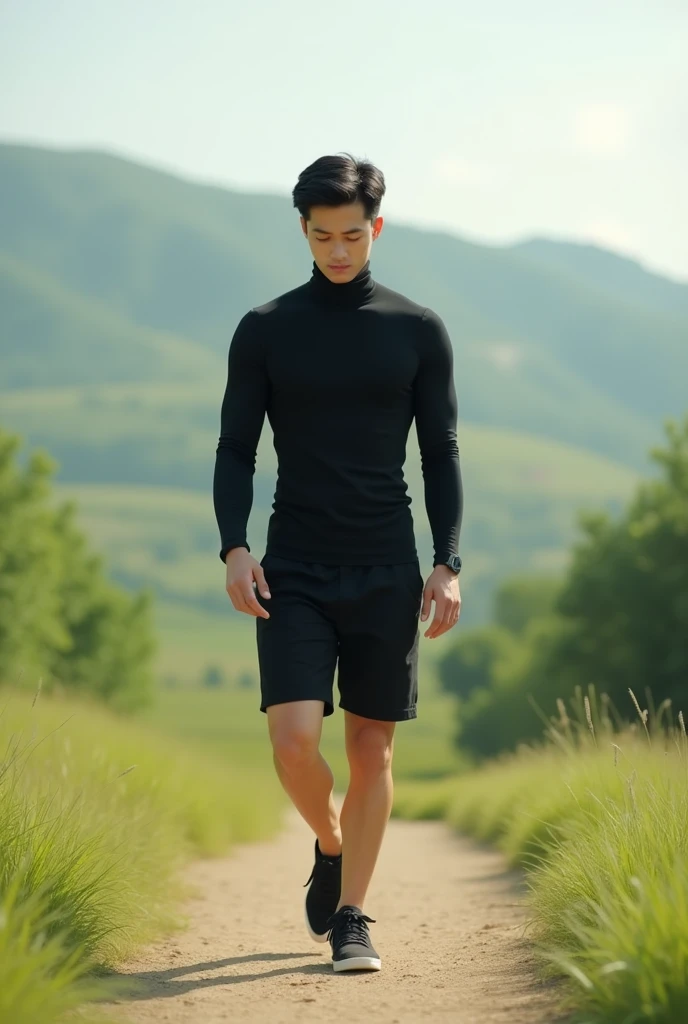Masterpiece, best quality, high resolution, close up portrait, focus man, Focus only, Young Asian Man, pretty shirtless Sweating hairy guy hiking, Looking down at the camera angle, bleached blonde hair, 25 years old, Hiking and climbing, View from below, dirty, close up, Interesting view., thin and lean body, The face is beautiful, cute and masculine., Beaming, สวมเป้เดินป่าจ็อกสแตรปสีขาวdirty, Spread legs, dirty, Sweating, Hairy legs, thin, half naked, bare chest, There are mountains in the background., hiking trail, outdoor, View from below, amazing composition, HDR, Volumetric light, Special quality, elegant, Highly detailed