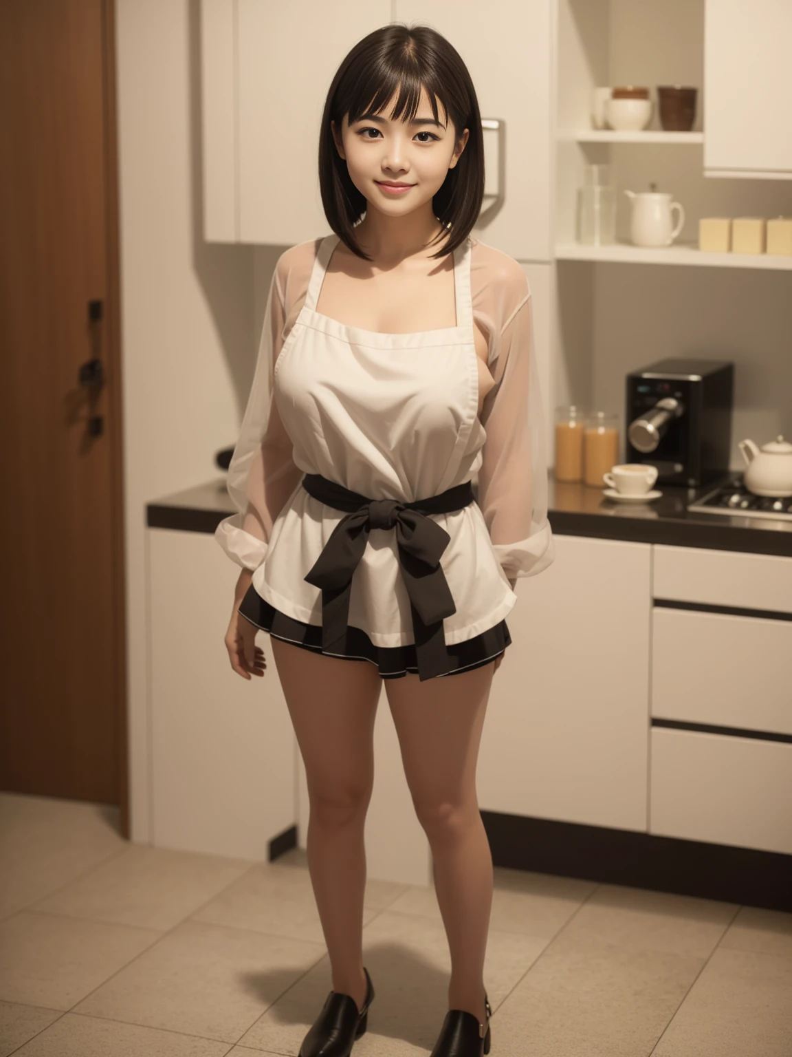 ((of the highest quality, 8K, masutepiece: 1.3, Raw photo)), Sharp Focus: 1.2, (1 AESPA Girl :1.1), Solo, (Realistic, Photorealistic: 1.37), (Face Focus: 1.1), Cute face, hyperdetailed face, (short messy hair: 1.2), Small Smile, Small breasts, flat chest, full nude, standing, (taking off her chiffon skirt: 1.1), thigh, city, open cafe stand