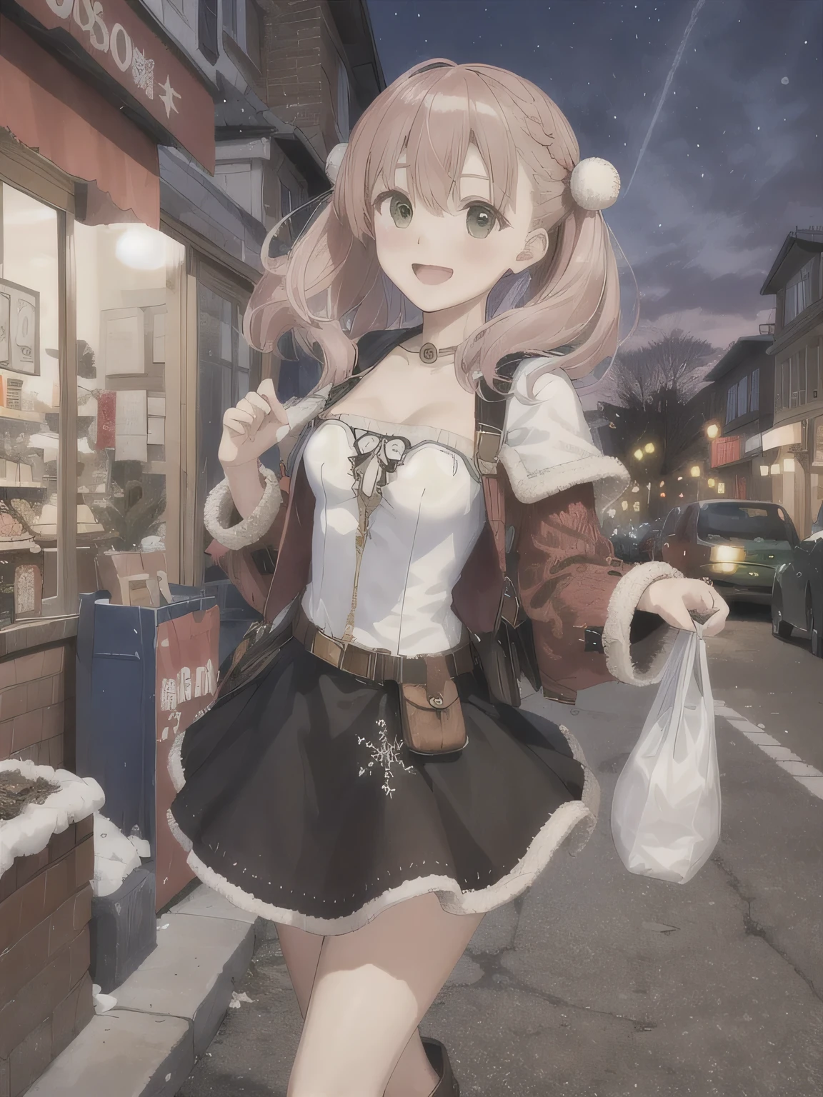 She is dressed in a classic Santa Claus outfit, with a red and white coat, a matching skirt, and black boots, perfectly tailored to her small frame. On her back, she carries a large, white sack filled with presents, the soft fabric of the bag hinting at its generous contents. The The background is a street corner illuminated with Christmas decorations, with the sky transitioning from a warm orange of sunset to the cool blue of night. Snowflakes gently fall, adding to the tranquil winter atmosphere. The girl’s bright and cheerful expression contrasts beautifully with the peaceful surroundings, evoking a sense of warmth and festive joy.20-year-old woman 傑作,  top quality,  pink hair,  small breasts.