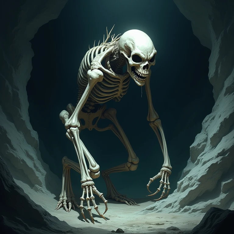 a thin, skeletal creature with a humanoid form, positioned on all fours in a crouching stance. Its skin appears pale and tightly stretched over its bones, revealing prominent ribs and elongated limbs. The creature has a bald, skull-like head with sunken eyes that appear dark and hollow, giving it a ghastly and unnerving expression. Its hands are large with long, bony fingers ending in sharp, claw-like nails. The creature's environment resembles a cave or a dark, enclosed space, with a rough, earthy ground covered in sparse patches of dried grass or moss. In the background, there are faint outlines of rocks and shadows, contributing to the eerie and sinister atmosphere of the scene. The overall impression is one of a lurking, menacing figure in a desolate, underground setting.