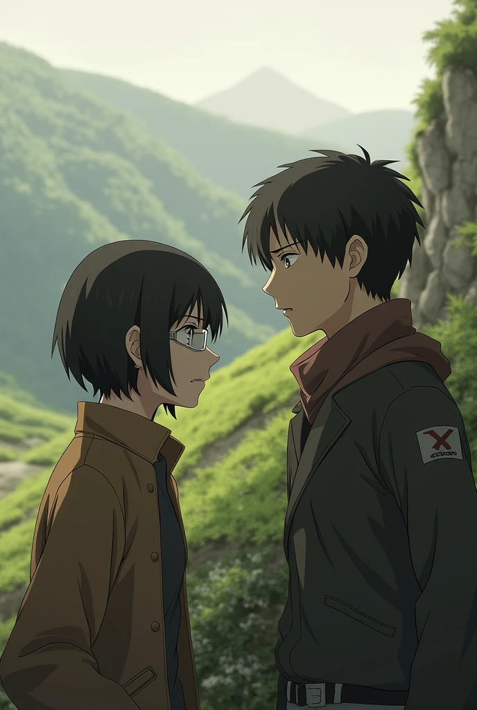 attack on titan female character short hair weary eyeglasses  and hangout with bertholdt hoover at hills