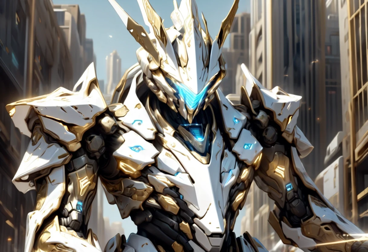 close-up of a robot holding a sword in the city, Gold Paladin , Holy Knight, ( ( God of AI Art ) ), White Armor, I'm wearing light armor , wearing ether combat armor , glossy White Armor, SILVER ICE REFLECTIVE COLOR ARMOR , ethereal armor , Dynamic Battle Poses , White Mecha, intricate White Armor