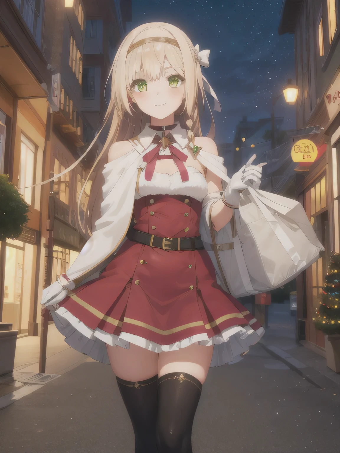 She is dressed in a classic Santa Claus outfit, with a red and white coat, a matching skirt, and black boots, perfectly tailored to her small frame. On her back, she carries a large, white sack filled with presents, the soft fabric of the bag hinting at its generous contents. The The background is a street corner illuminated with Christmas decorations, with the sky transitioning from a warm orange of sunset to the cool blue of night. Snowflakes gently fall, adding to the tranquil winter atmosphere. The girl’s bright and cheerful expression contrasts beautifully with the peaceful surroundings, evoking a sense of warmth and festive joy.20-year-old woman. long hair, Blonde, ( green eyes:1.3), braided , headband, side braided , smile,
gloves, clevis on a stone, choker , (masterpiece:1.2), top quality, high definition , Unity 8K Wallpaper , ( illustrations:0.8), ( beautiful detailed eyes:1.6), very detailed face, perfect lighting, very detailed CG, (perfect hand, Perfect Anatomy),