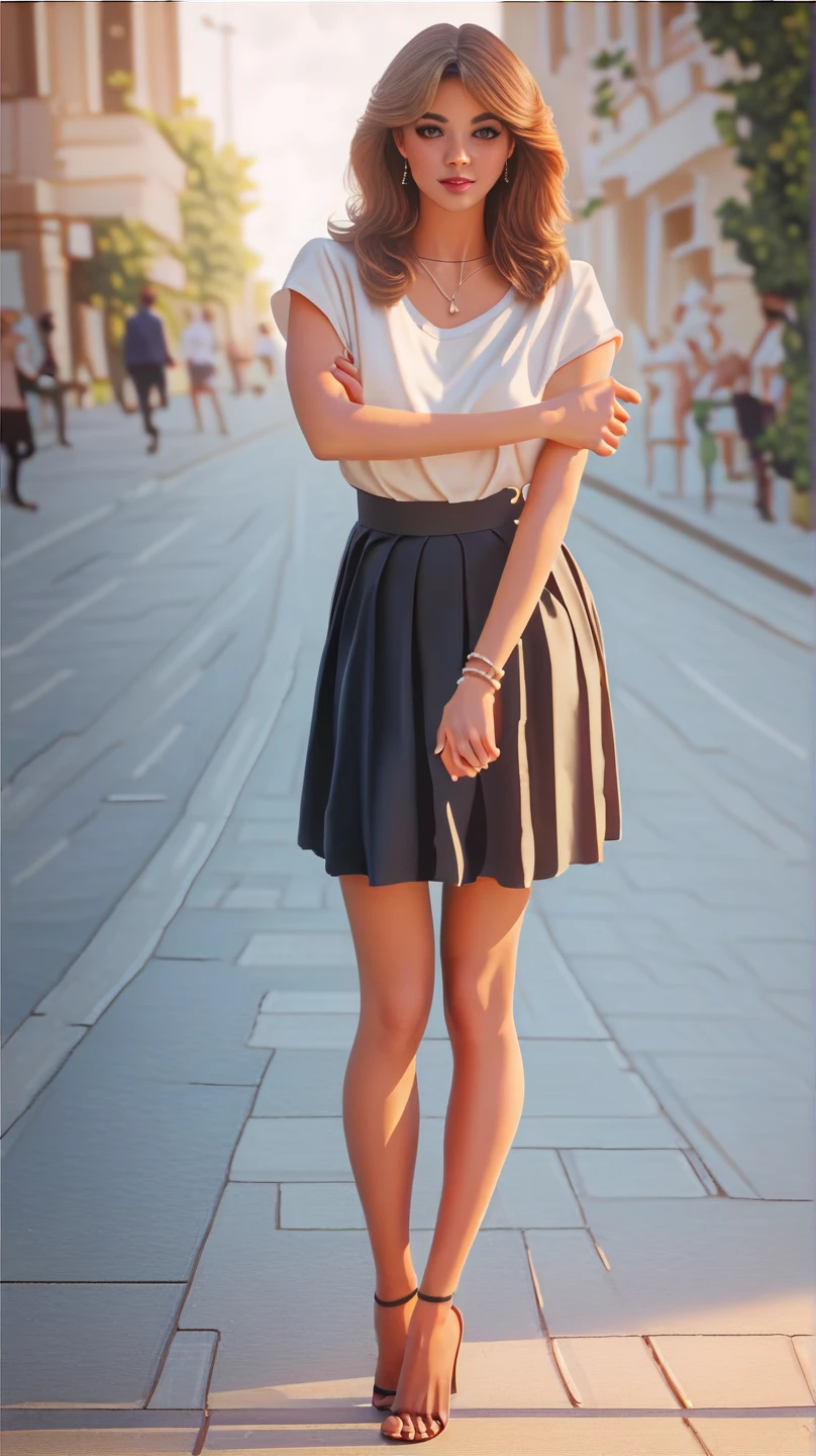 1 girl, standing, (perfect anatomy), (highly detailed skin: 1.2), (very detailed face: 1.2), (perfect facial proportions), (ultra detailed face, eyes and hair), brown hair, long hair, brown eyes, (looking at viewer), (curvy body), perfect arms, white t-shirt, blue skirt, perfect legs, heels, earrings, necklace, street, outdoors,
Score_9, Score_8_up, Score_7_up, Score_6_up, 8K, (masterpiece, best quality, high definition), (ultra detailed, intricate details, hd detail), realistic, sharp focus, cinematic lighting, volumetric lighting,