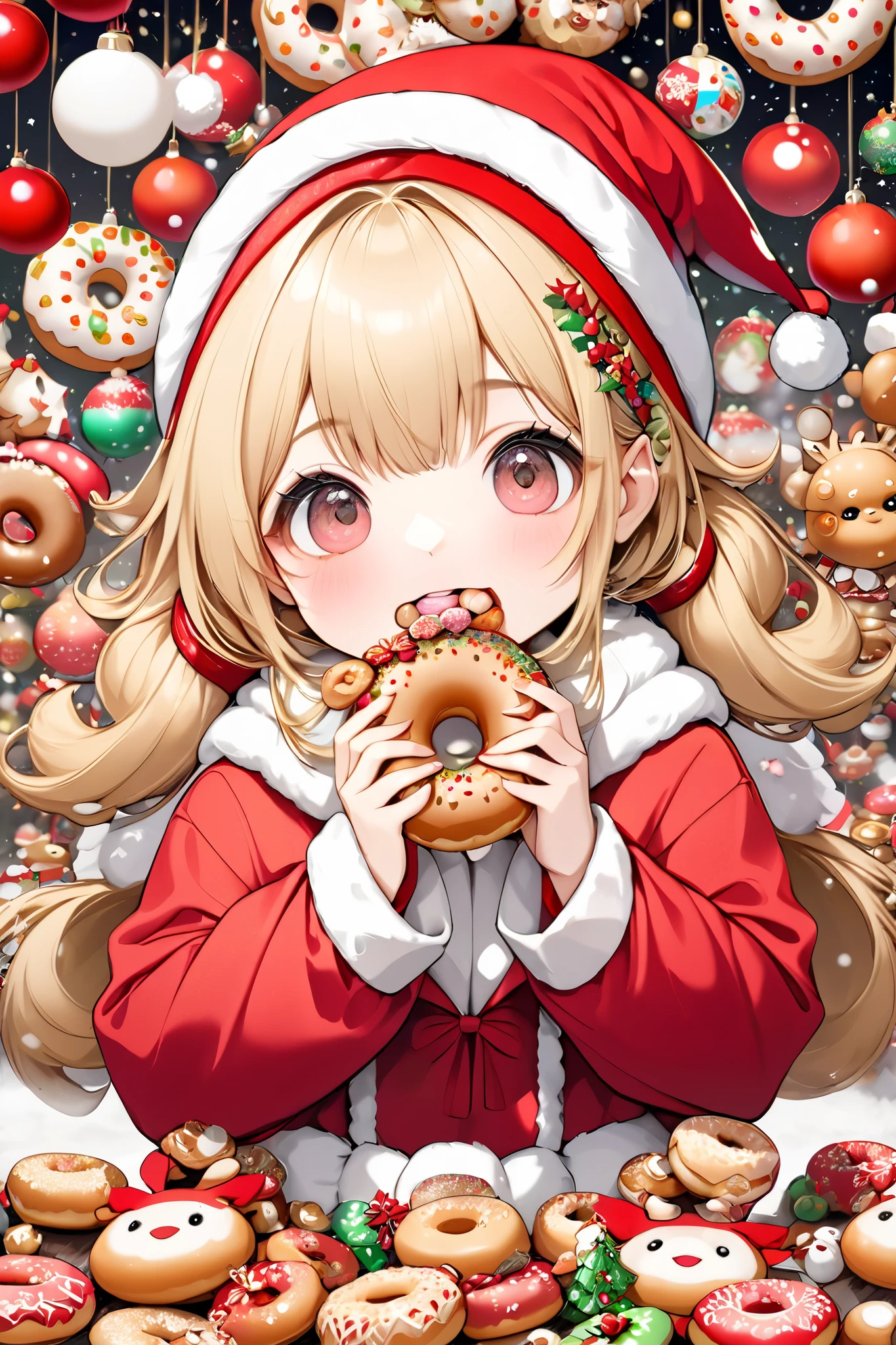 Chibi, cute girl, Messy blonde, , Surrounded by lots of donuts , Fill your mouth with doughnuts , wearing a reindeer costume ,Christmas charm , Christmas Ornaments, smile, funny, ( super detailed , exquisite resolution, top quality:1.3), 2.5D, Elegant and dynamic , surrenders, artistic photo , Graphic CG Digital Art, Manga style, shading effect , Glitter Effect, Fog filter effect , Lots of colorful donuts in the background