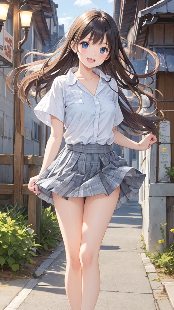 (((masterpiece, Highest quality, High resolution, 超High resolution, Perfect Pixel, Depth of written boundary, 4K, RTTX 10.0))), Beautiful Anime Women, Beautiful art style, Anime characters, ((Smooth texture, Realistic texture, Anime CG Style)), Exact finger count、Exact number of legs、(Exact number of arms:1.0, Exact number of hands:1.0), (Perfect hands, Perfect Anatomy), Cinematic, Realistic, Extremely detailed CG, Daytime lighting, Perfect lighting, Best Shadow, The best natural light, whole body, Perfect body, バランのとれたPerfect body, Perfectly balanced style, (Slender body:1.2), (Detailed face, Cute face, Beautiful Face), ((Long Hair, bangs, Dark brown hair, Stylish and cute bob cut)), (Cute woman climbing the stairs:1.5), Looking back, bashful、Stylish white shirt, Sailor collar, Sailor suit, Navy Check Skirt、(Knee-high socks)、((Rear view))、Angle from directly below the rear、Station stairs、(Skirt flipped up by strong wind:1.3) , ((Stylish and sexy shiny satin panties, Light blue panties:1.2)), Panties hidden under skirt, Beautiful thighs, Embarrassed look
