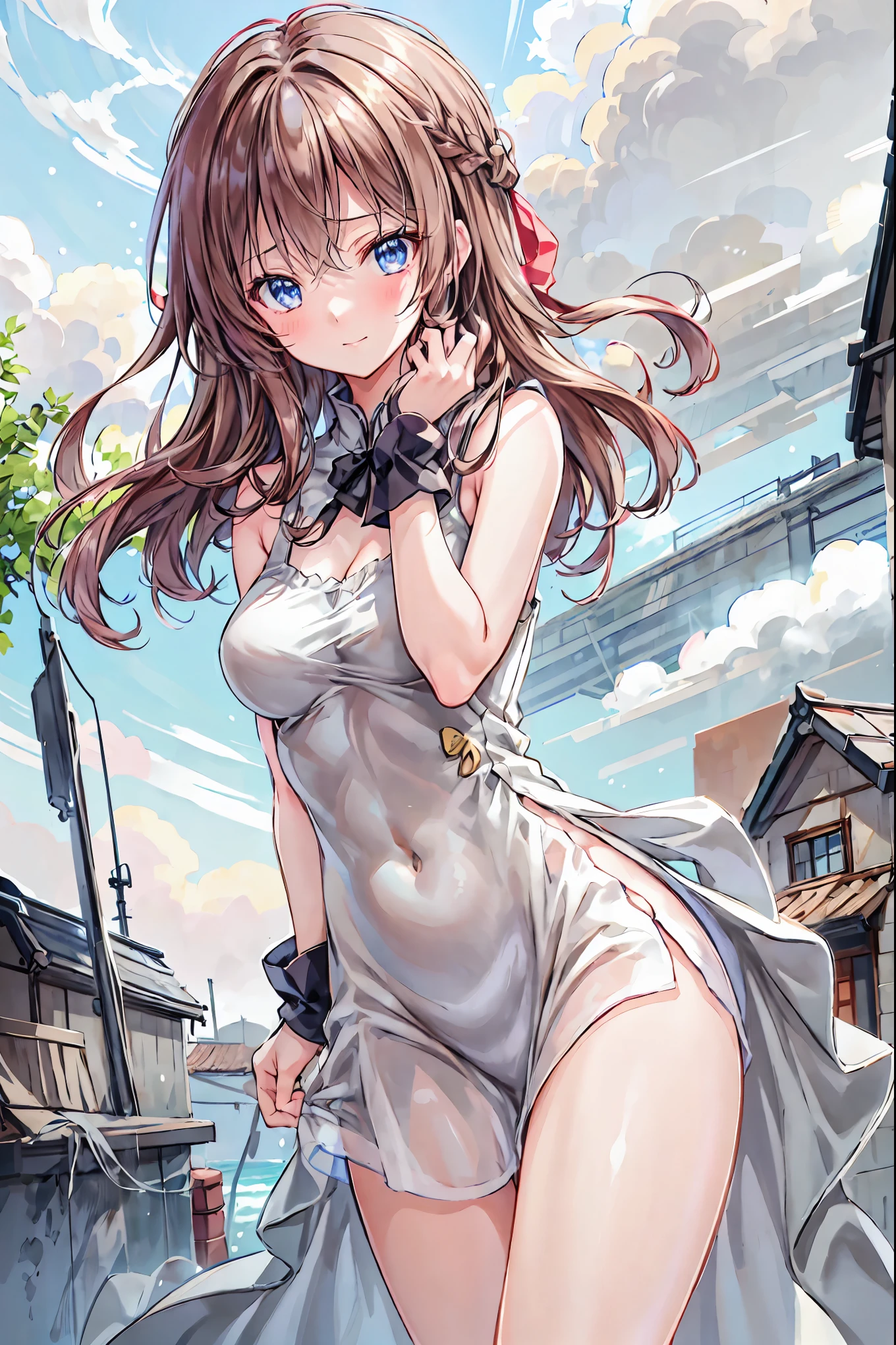 (((profesional: Paso a paso, taking into account even the smallest detail, el resultado final es de nivel divino))): "((La mejor calidad , Obra maestra, (only 1 girl), (cuernos cortos, cabello rubio, ojos rojos, face symmetrical, Un vestido extremadamente corto con mangas largas, Levanta el vestido, bragas, Mirando hacia abajo, Enfoque de piernas, sonrisa malvada, Sacar la lengua, Serenity of the little lady, pechos grandes?, vapor, Rear side solar lighting, Canon EOS 50mm camera))"