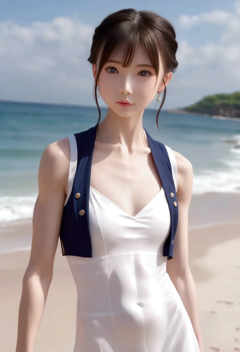 ((  Top Quality , 8K, masterpiece: 1.3)), 1 Girl, Cute Japanese woman emphasizes slim abdominal muscles: 1.3, (Casual hairstyle, Standard chest: 1.2), uniform: 1.2, 1 Boyle, Cute Japanese emphasizes slim abdominal muscles: 1.4, (Casual hairstyle, Standard chest: 1.2), uniform: 1.2, beach,  Super fine face ,  meticulous eyes, Double eyelids