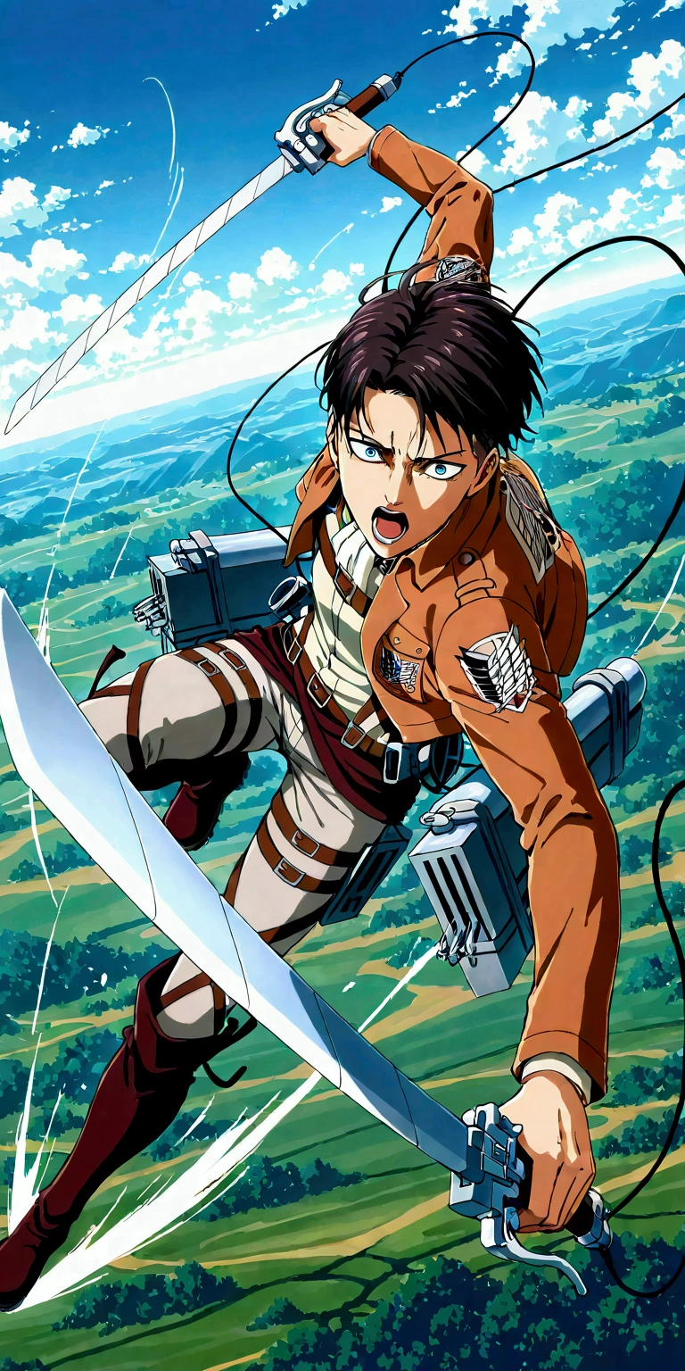 1boy\(Levi Ackerman\(attack of titan\),diving to Titan from high above by The 3-D Maneuver Gear, downspin,motion blur,(dynamic pose),mad,angry,open mouth,holding 2swords,show back\).anthro,screen capture.dynamic angle. BREAK .quality\(8k,wallpaper of extremely detailed CG unit, high resolution, top-quality, top-quality real texture skin, hyper realistic, increase the resolution, RAW photos, best quality, highly detailed, the wallpaper, golden ratio, high saturation realism, vibrant colors, dramatic lighting, persuasive storytelling, atmospheric scenery, captivating visuals, intricate details, strong emotions, dreamlike world\).landscape, dutch angle,action shot,(motion blur:1.3), battle scene