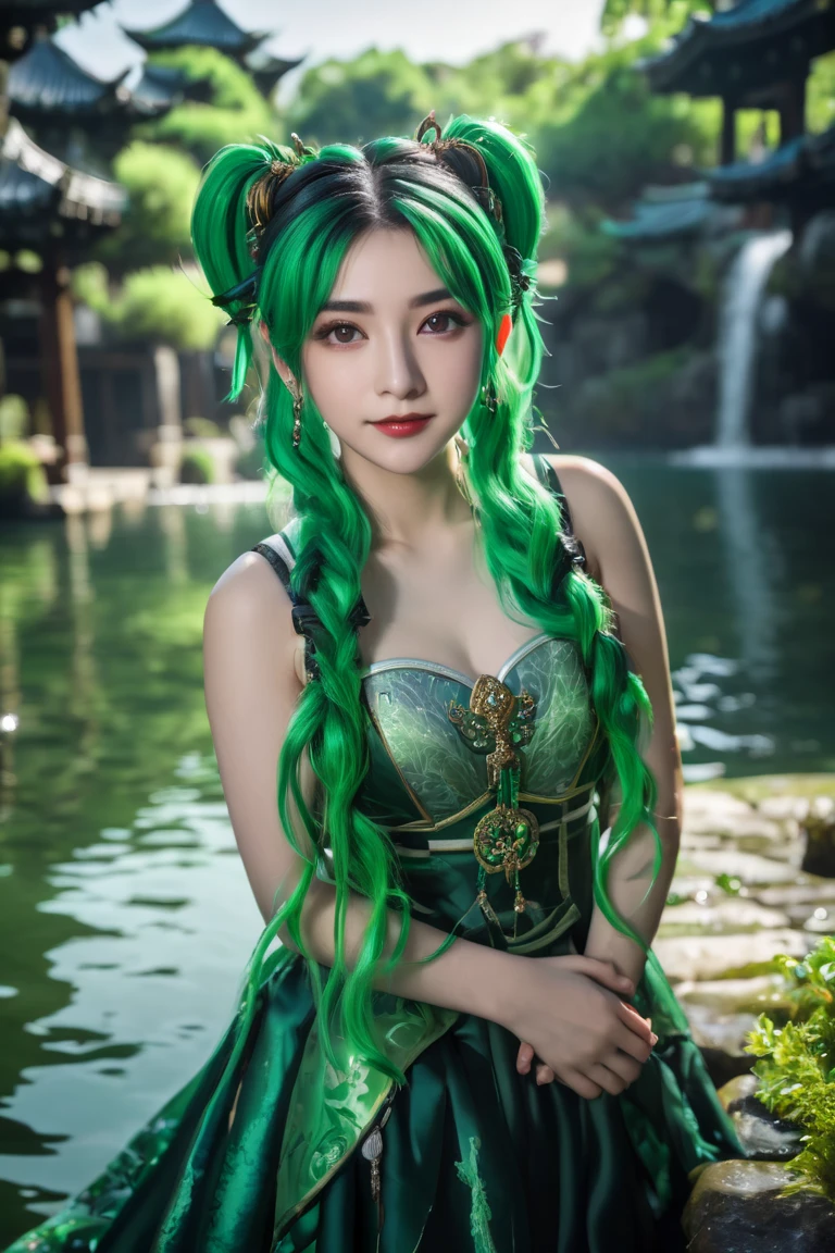  1girl, One,  hair ornament ,  green hair,  double ponytails ,  long hair ,  dress , water,,  mid-range portrait photography (Farusan ) Из Genshin Impact,,  dark fantasy background ,  charming smirking .,  Greg Rutkowski & Walt Disney ,  Ultrarealistic,  highly detailed , complicated,  Photorealistic,  analog photography , clear focus on the eyes,  cinematic lighting ,, , ,contract, HDR, 8 k 