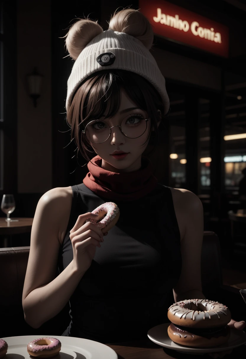 there is a sexy and alluring adorably cute woman that is holding a doughnut in a restaurant, wearing small round glasses, wearing thin large round glasses, cute and adorable white fluffy beanie, red scarf, croptop sleeveless turtleneck sweater girl wearing round glasses, thick round spectacles, with square glasses, ulzzang, wearing round glasses, lofi girl aesthetic, with glasses, with black eyeglasses, thick - rimmed glasses, junko enoshima, lofi girl