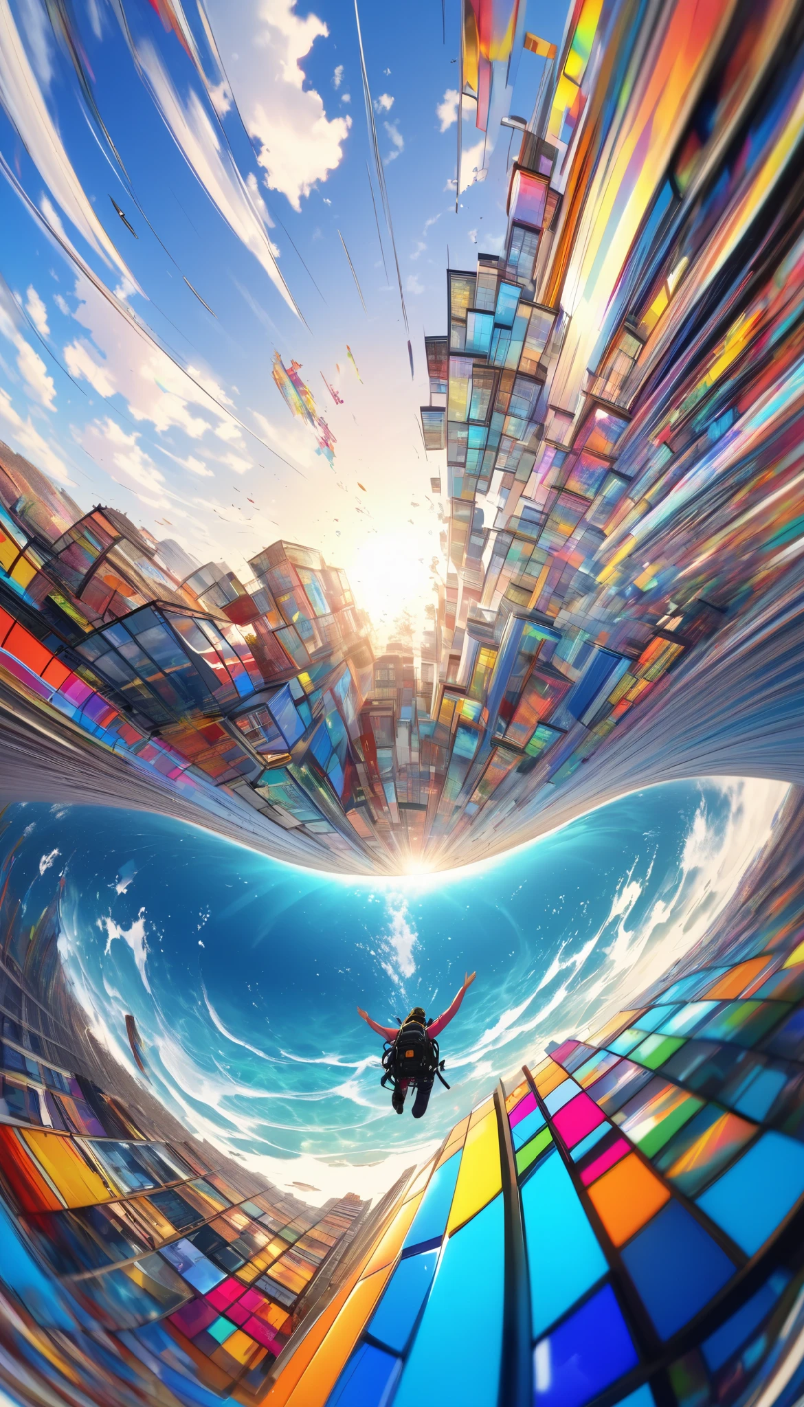  first-person view,  Taken from a Gopro , Vertical Plunge , Dive,  Rapidly Approaching Ocean ,  Colourful Images of Falling Through the Sky,  conceptual fractal art taken from Gopro ,  Dynamic Shock , Beautiful lines,  Extremely High Quality ,  Premium Colors 