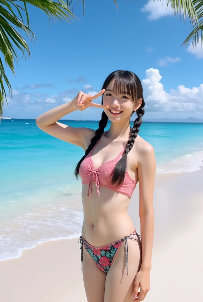 ( Masterpiece、 better quality、8K、raw、 muy detallado、  a girl playing pranks :1.2)、(smile、bikini、 playa )