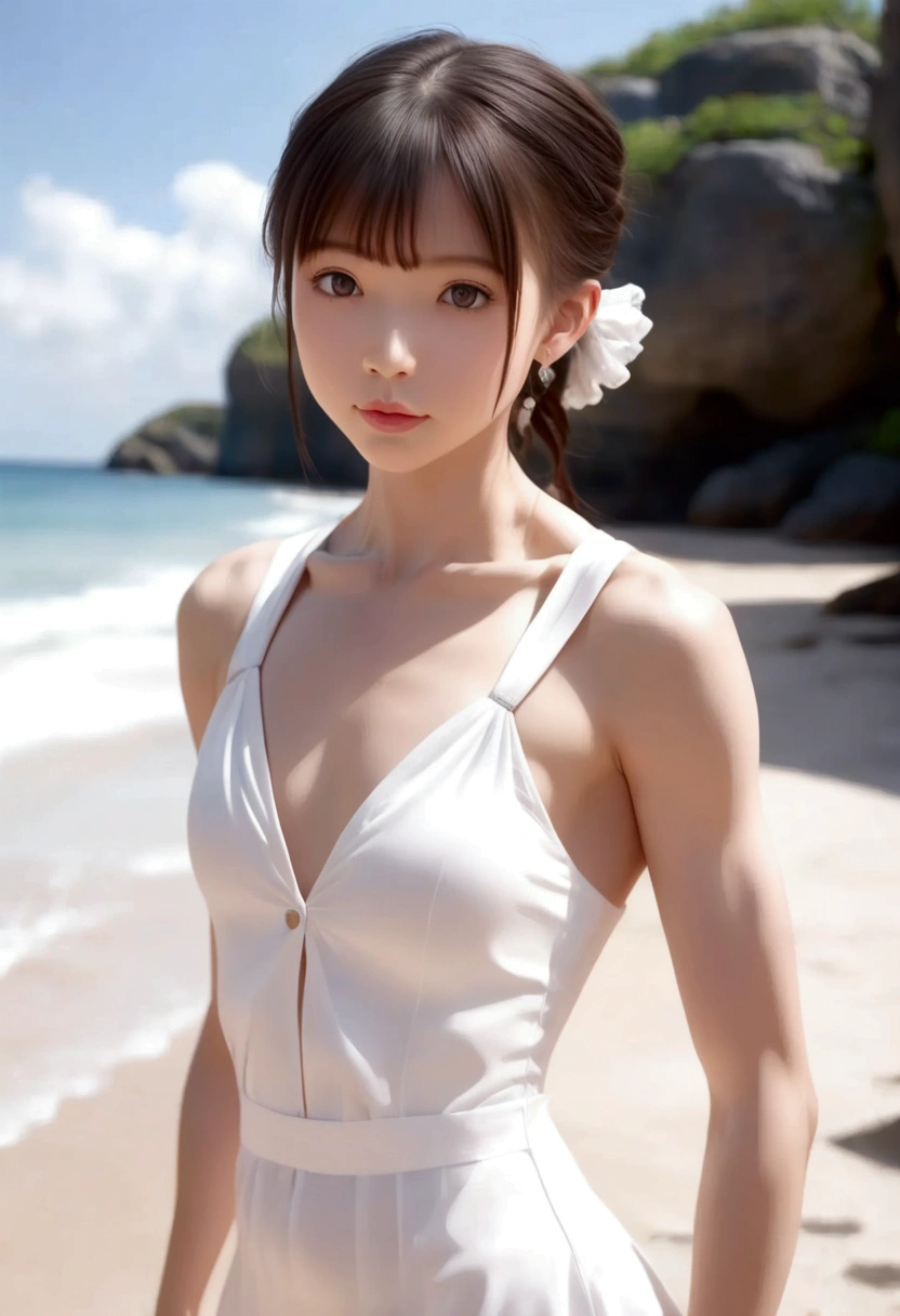 ((  Top Quality , 8K, masterpiece: 1.3)), 1 Girl, Cute Japanese woman emphasizes slim abdominal muscles: 1.3, (Casual hairstyle, Standard chest: 1.2), uniform: 1.2, 1 Boyle, Cute Japanese emphasizes slim abdominal muscles: 1.4, (Casual hairstyle, Standard chest: 1.2), uniform: 1.2, beach,  Super fine face ,  meticulous eyes, Double eyelids