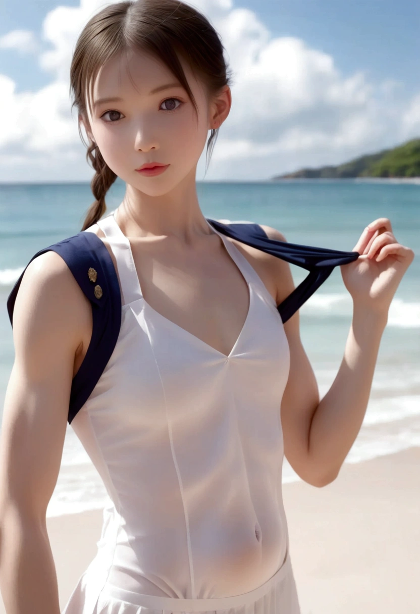 ((  Top Quality , 8K, masterpiece: 1.3)), 1 Girl, Cute Japanese woman emphasizes slim abdominal muscles: 1.3, (Casual hairstyle, Standard chest: 1.2), uniform: 1.2, 1 Boyle, Cute Japanese emphasizes slim abdominal muscles: 1.4, (Casual hairstyle, Standard chest: 1.2), uniform: 1.2, beach,  Super fine face ,  meticulous eyes, Double eyelids