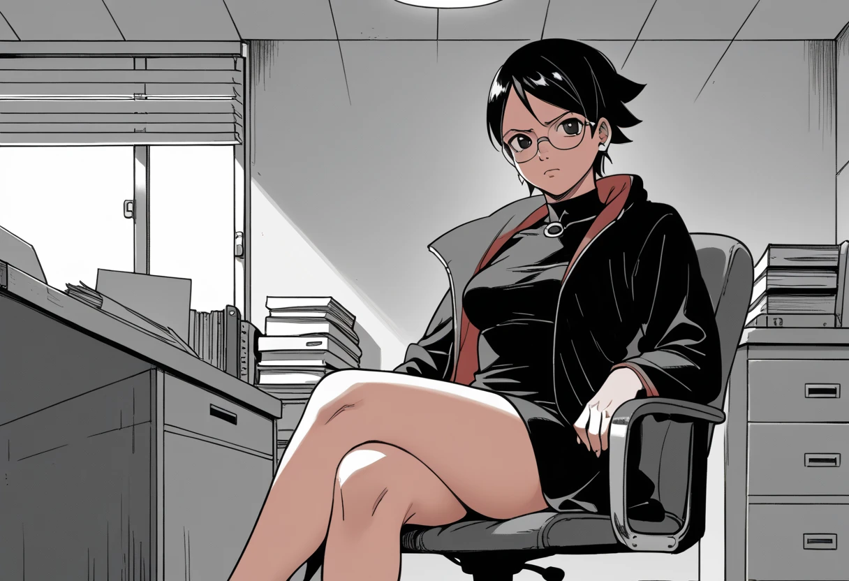 monochrome, manga_source, best background, detailed background, manga, grayscale, uchiha sarada, boruto_two_blue_vortex, post timeskip, Uchiha_sarada, solo, chair, sitting, crossed legs, Disappointed   black hair, short hair, glasses, beautiful body, medium breasts, sexy legs, mikio ikemoto style, crop_top, open coat, bottomless, empty bubble speech, hokage's office, 