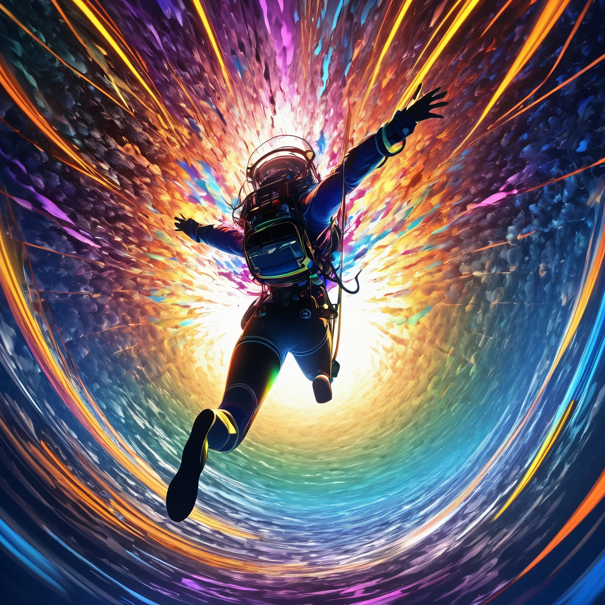  first-person view,  Taken from a Gopro , Vertical Plunge , Dive towards the surface ,  rapidly approaching the ocean,  colorful image of falling through the air,  emphasizes falling acceleration, A center shrouded in darkness,  conceptual fractal art taken from Gopro ,  Dynamic Shock , Beautiful lines,  Extremely High Quality ,  Premium Colors , Charrealism ,