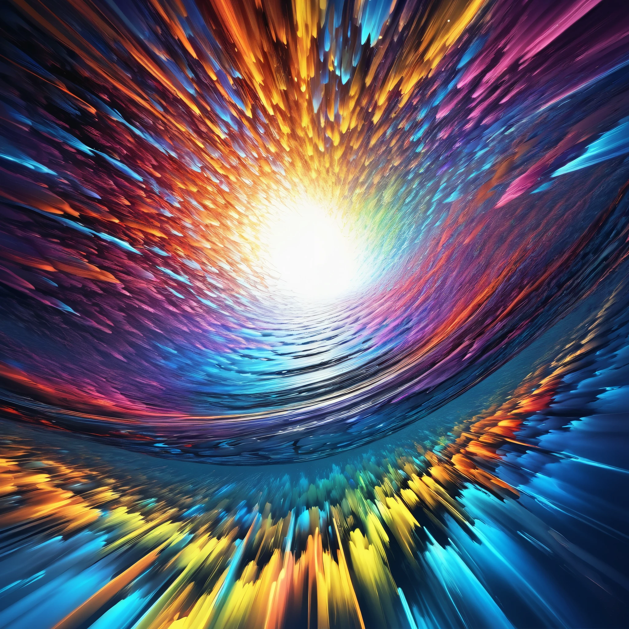  first-person view,  Taken from a Gopro , Vertical Plunge , Dive towards the surface ,  rapidly approaching the ocean,  colorful image of falling through the air,  emphasizes falling acceleration, A center shrouded in darkness,  conceptual fractal art taken from Gopro ,  Dynamic Shock , Beautiful lines,  Extremely High Quality ,  Premium Colors , Charrealism ,