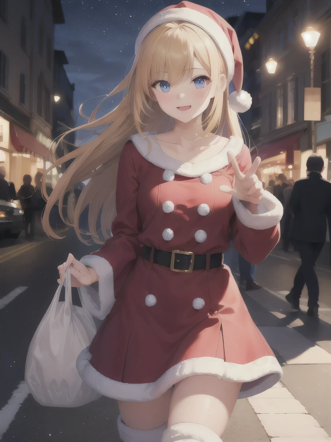 She is dressed in a classic Santa Claus outfit, with a red and white coat, a matching skirt, and black boots, perfectly tailored to her small frame. On her back, she carries a large, white sack filled with presents, the soft fabric of the bag hinting at its generous contents. The The background is a street corner illuminated with Christmas decorations, with the sky transitioning from a warm orange of sunset to the cool blue of night. Snowflakes gently fall, adding to the tranquil winter atmosphere. The girl’s bright and cheerful expression contrasts beautifully with the peaceful surroundings, evoking a sense of warmth and festive joy.20-year-old woman. Blonde,  blue eyes,  long hair,
 headpiece ,  (masterpiece:1.2),  top quality,  high definition ,  Unity 8K Wallpaper , ( illustrations:0.8), ( beautiful detailed eyes:1.6),  very detailed face,  perfect lighting,  very detailed CG, (perfect hand,  Perfect Anatomy),