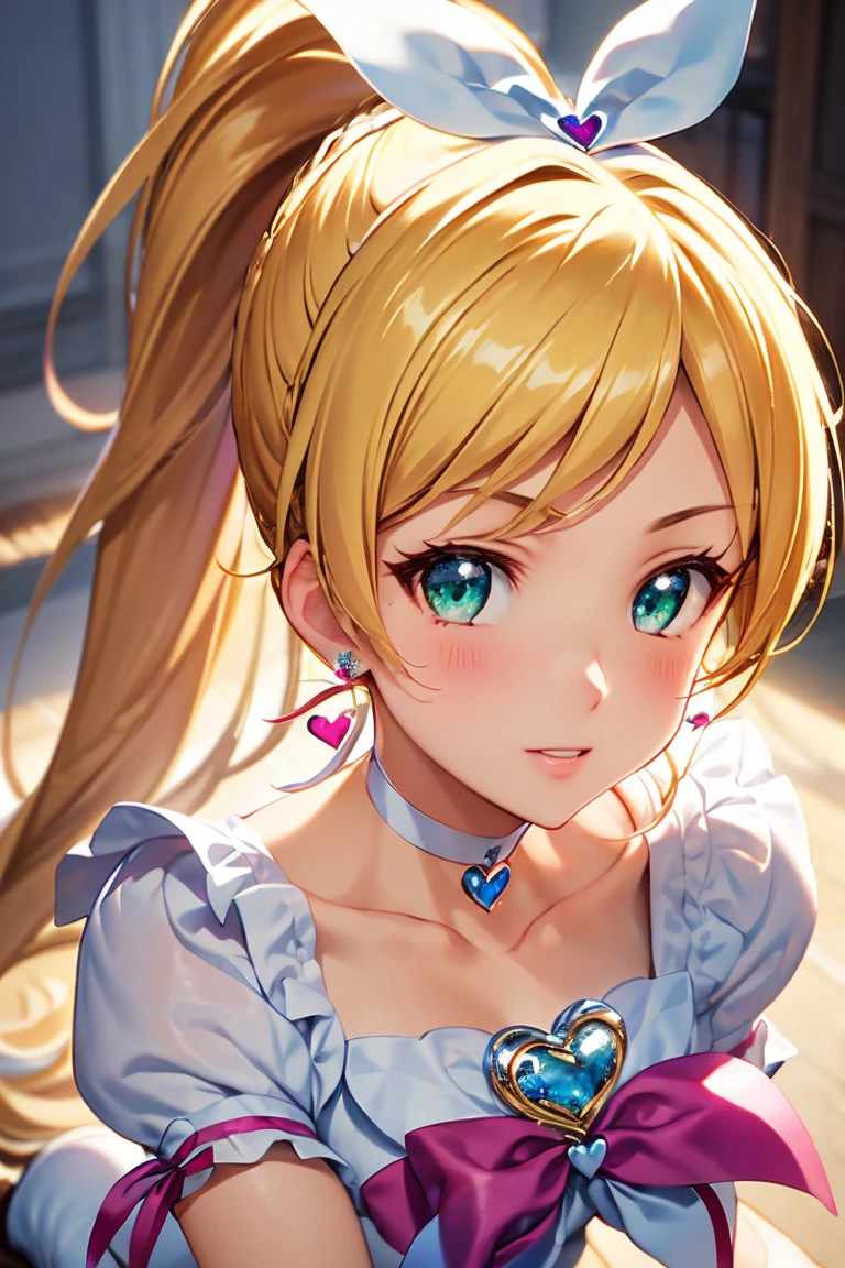 (masterpiece:1.2), best quality, high resolution, unity 8k wallpaper, (illustration:0.8), (beautiful detailed face:1.2, beautiful detailed eyes:1.2), perfect lighting, extremely detailed CG, (perfect hands, perfect anatomy), 

Cute, beautiful, charming lady, shiny hair, lustrous skin, beautiful light big eyes, 
milf, married woman, soft With a gentle appearance and a gentle mother-like atmosphere,
Feminine style, beautiful kubire, beautiful, naughty face,

rhythm_a, blonde hair, long hair, wide ponytail, green eyes, white choker, choker,  heart earrings, ribbon, magical girl, cure rhythm dress, puffy short sleeves, brooch, arm warmers, wrist cuffs, white boots, knee boots, 