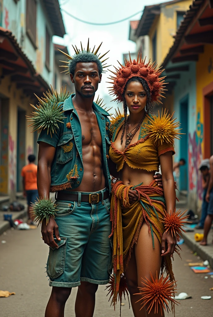 "A contemporary reinterpretation of Albert Eckhout's work, where indigenous Brazilians are portrayed in an urban environment, wearing clothes that mix traditional indigenous and African elements, enquanto interagem com tecnologia moderna, como smartphones e tablets. Keep the emphasis on connecting with nature and ancestral cultural aspects, but bring to light the influence and adaptation of these cultures to contemporary society."