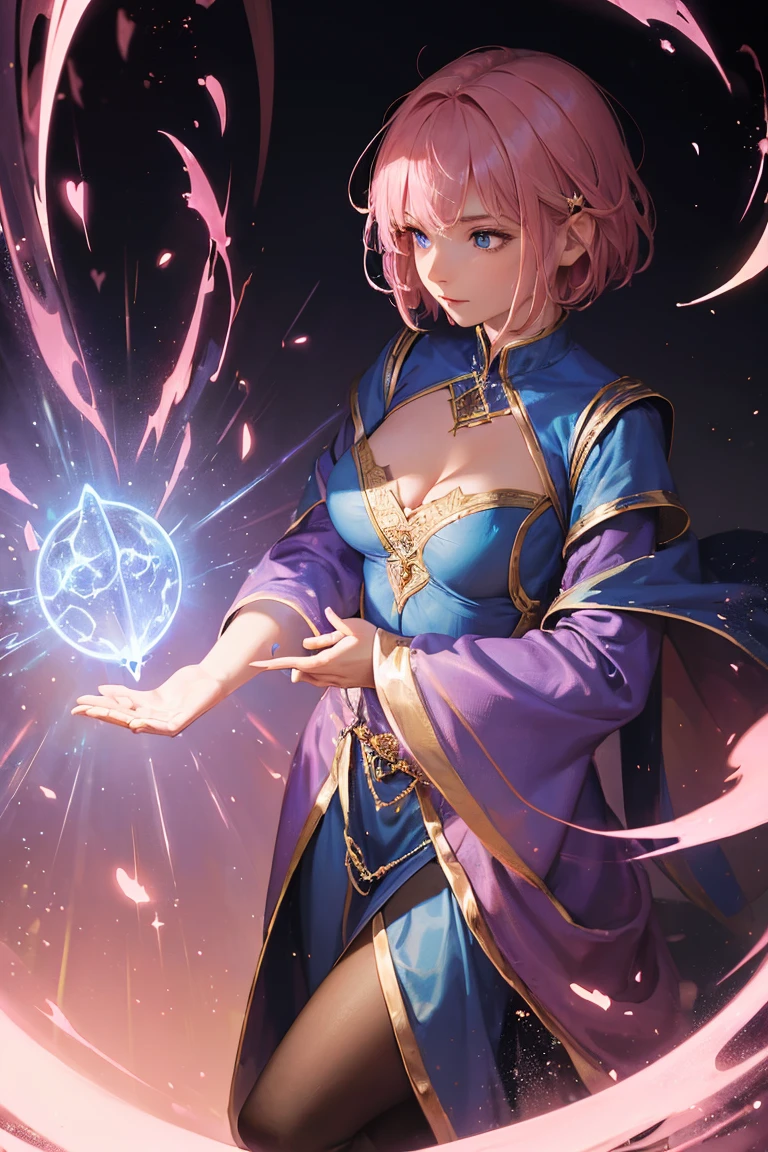 1lady,a magician,(((pink short hair,blue eyes))),big breast,cleavage, sorcerer, dark sorceress robe,
fantasy,magical world, magic circle,