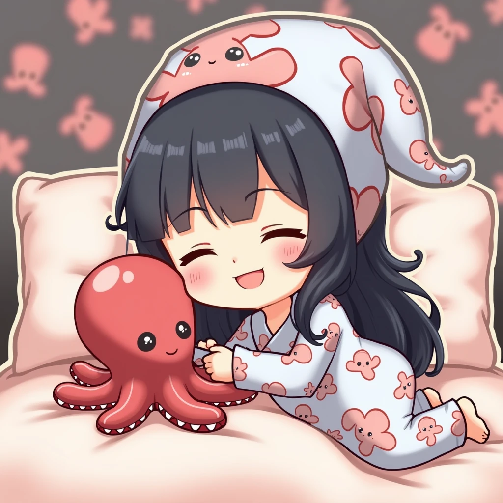 cuteアニメ　cute　Chibi　  girl　Silver Eyes 　  long black hair　Pet red octopus  、octopus wallpaper room background 、  wear octopus pattern pajamas、Sleeping in bed、happiness/joy,  , bangs, bangs,  Put an octopus pattern nightcap on your head、 anime style  