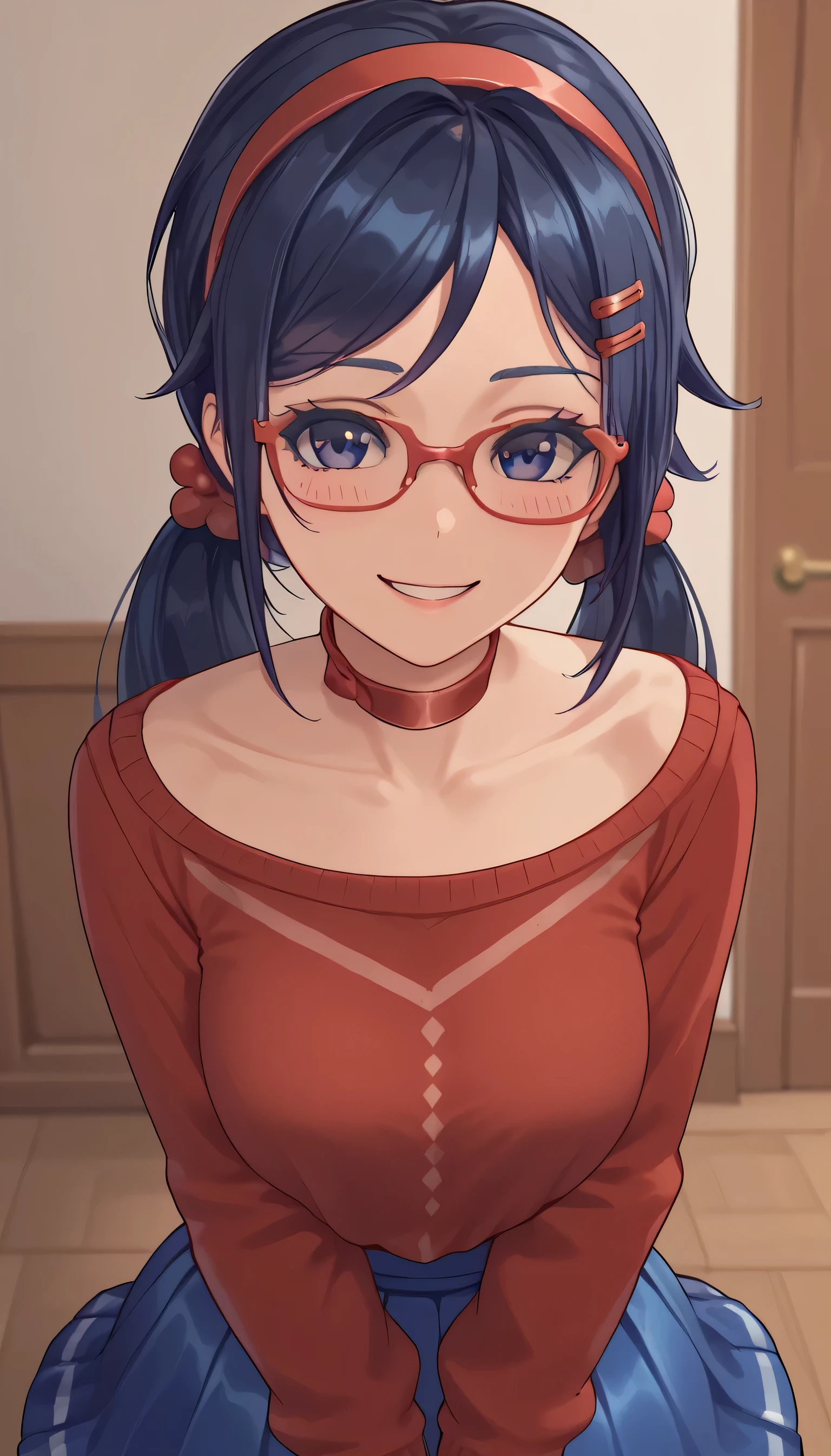 score_9,score_8_up,score_7_up, solo, 1 girl, dark blue eyes, dark blue hair, braids hair, red hairband, choker, red sweater, blue skirt, hair ornament, sweet smile, blush, blushing, glasses