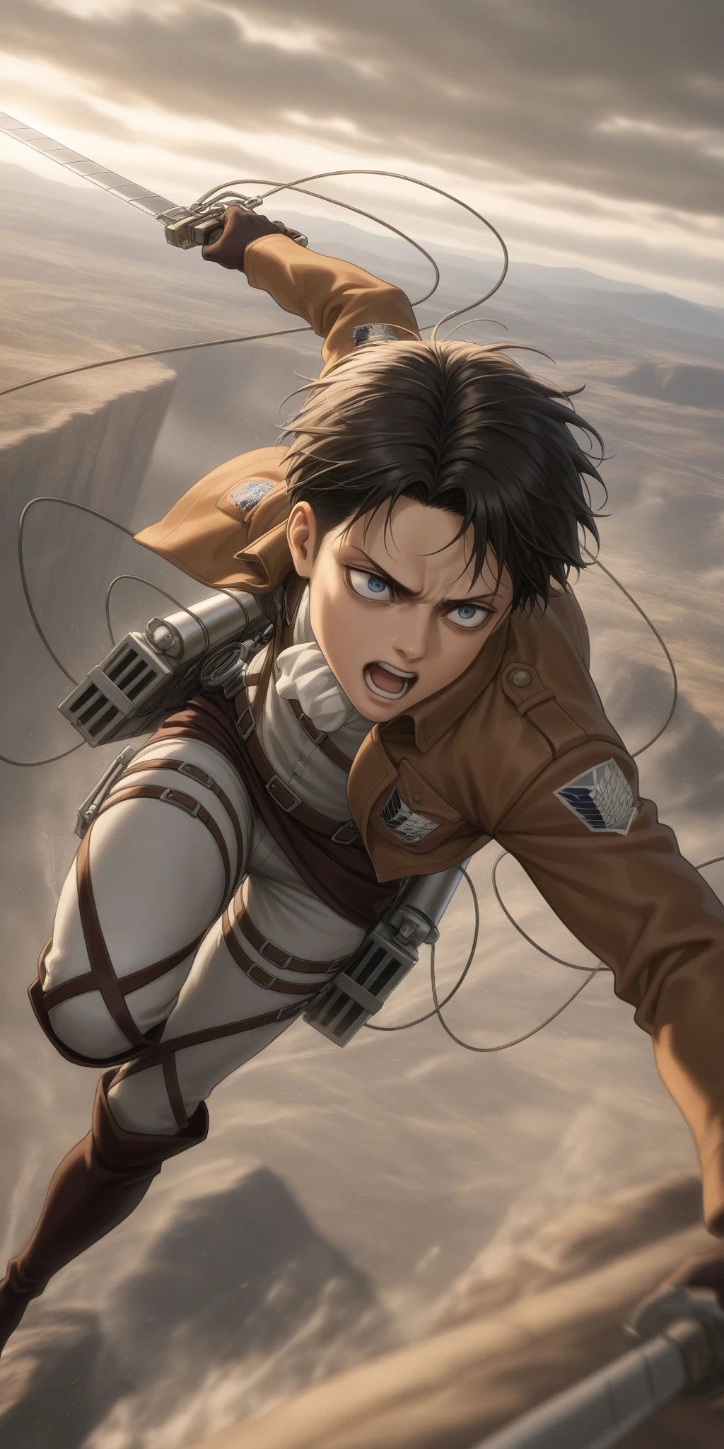 solo,1boy\(Levi Ackerman\(attack of titan\),diving to Titan from high above by The 3-D Maneuver Gear, downspin,motion blur,(dynamic pose),mad,angry,open mouth,holding 2swords\).anthro,screen capture.dynamic angle. BREAK .quality\(8k,wallpaper of extremely detailed CG unit, high resolution, top-quality, top-quality real texture skin, hyper realistic, increase the resolution, RAW photos, best quality, highly detailed, the wallpaper, golden ratio, high saturation realism, vibrant colors, dramatic lighting, persuasive storytelling, atmospheric scenery, captivating visuals, intricate details, strong emotions, dreamlike world\).landscape, dutch angle,action shot,(motion blur:1.3),limited color,tense battle scenes