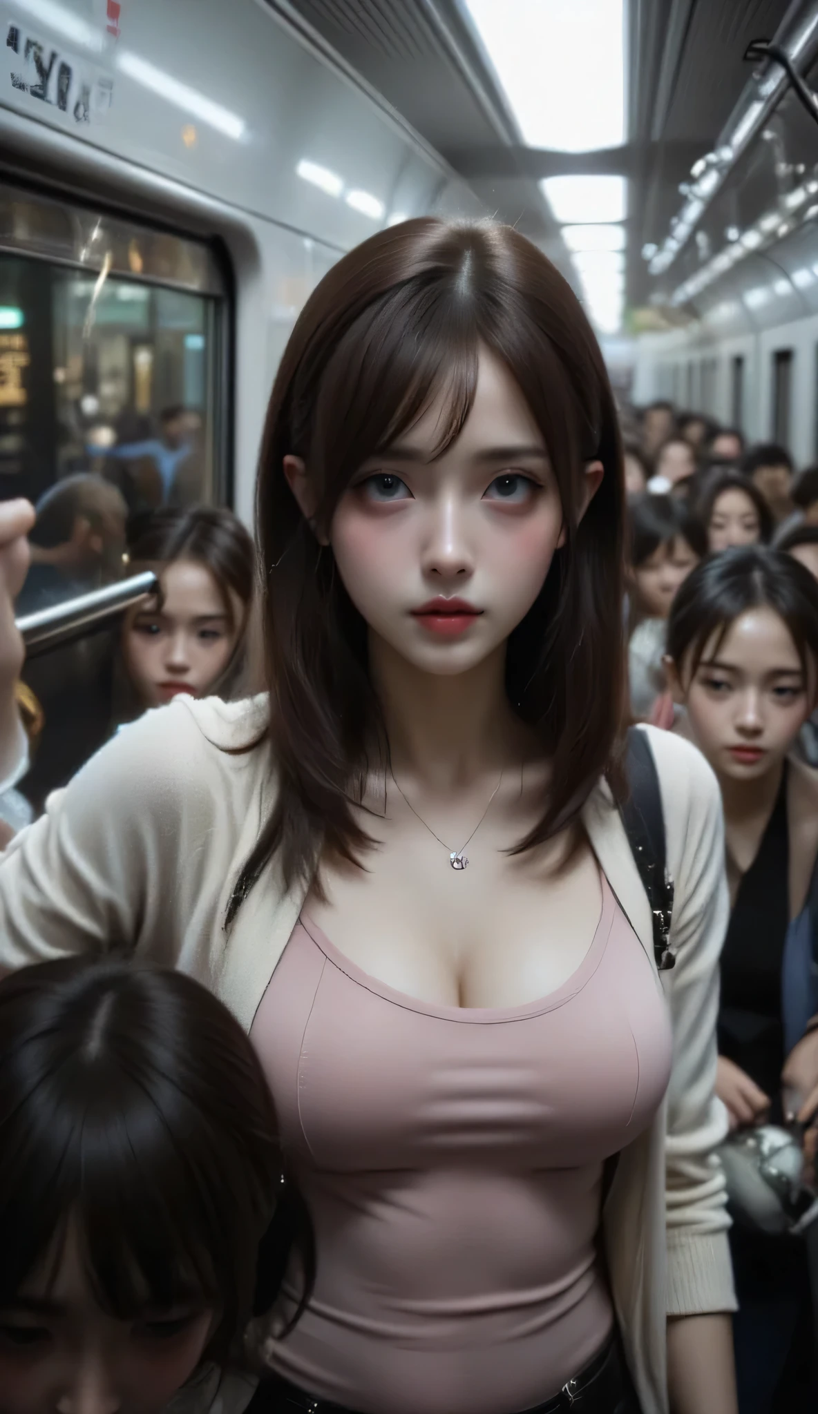 ([32K: 1.9, Horror Description: 1.9, Highest Quality, Masterpiece, Ultra High Resolution, Professional Random Angle Photography: 1.5, Very Detailed Nose and Face Texture: 1.4), Always Accurate, Very Detailed, Bags, (Cute Japanese woman, tank top and cardigan: 1.6, extremely slim: 1.3, ((crowded train: 2.0, crazy behavior: 1.9, two middle-aged men hugging a woman from behind on the train: 1.7)) , belt, fair skin, elegance, neatness, thin eyebrows, (crying: 1.0, confusion: 1.0, an expression showing deep disdain for you: 1.0, big eyes exuding beautiful erotic charm: 0.4, slightly open your mouth, lipstick, feel beautiful erotica:1.0, dark brown medium-length hair), earrings, necklace, bracelet, romantic, mysterious, stunning object, original, dramatic, artistic, innovative, glamorous, full of emotions, Elegance, tilt, sense of loss, special, ((exciting, [extreme, openness, pain, expression of pain]), ((youthful mistake, feminine charm))