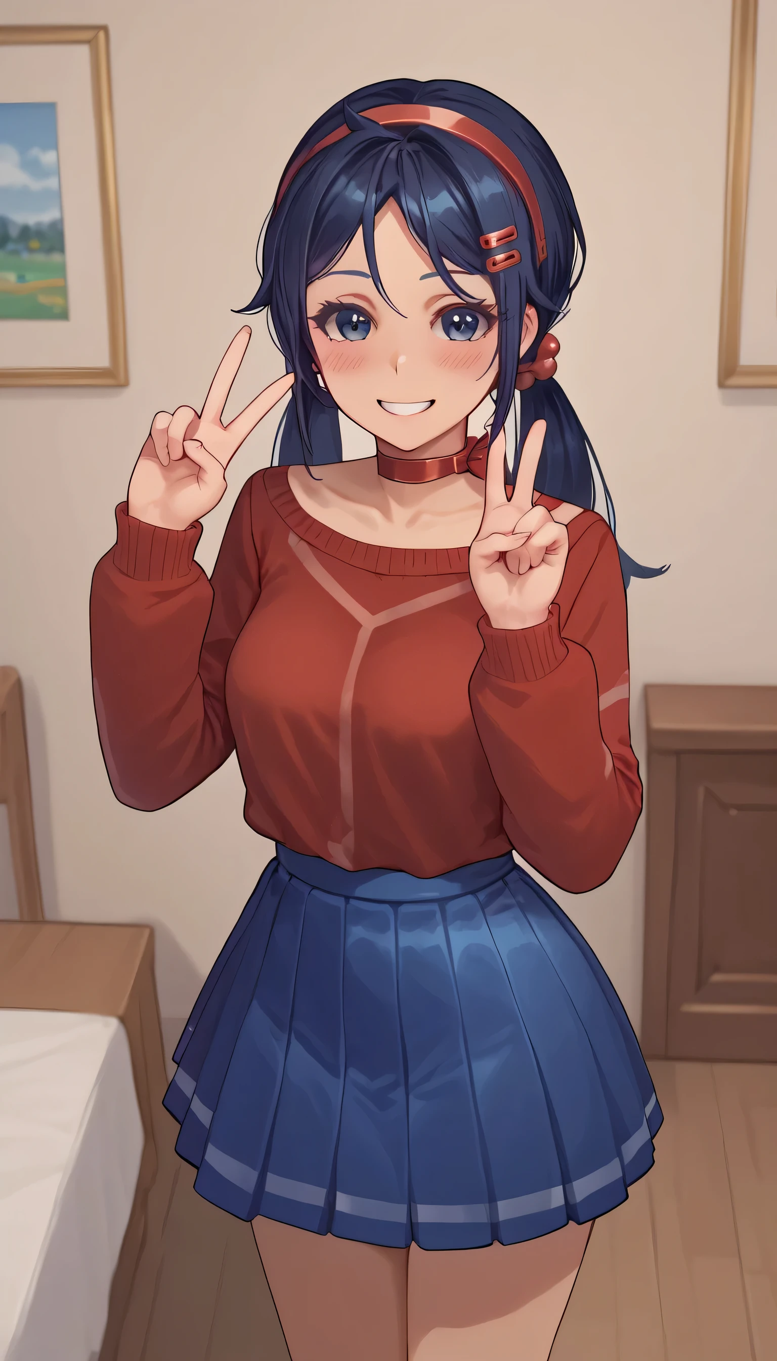 score_9,score_8_up,score_7_up, solo, 1 girl, dark blue eyes, dark blue hair, braids hair, red hairband, choker, red sweater, blue skirt, hair ornament, sweet smile, blush, blushing, peace pose, peace hand