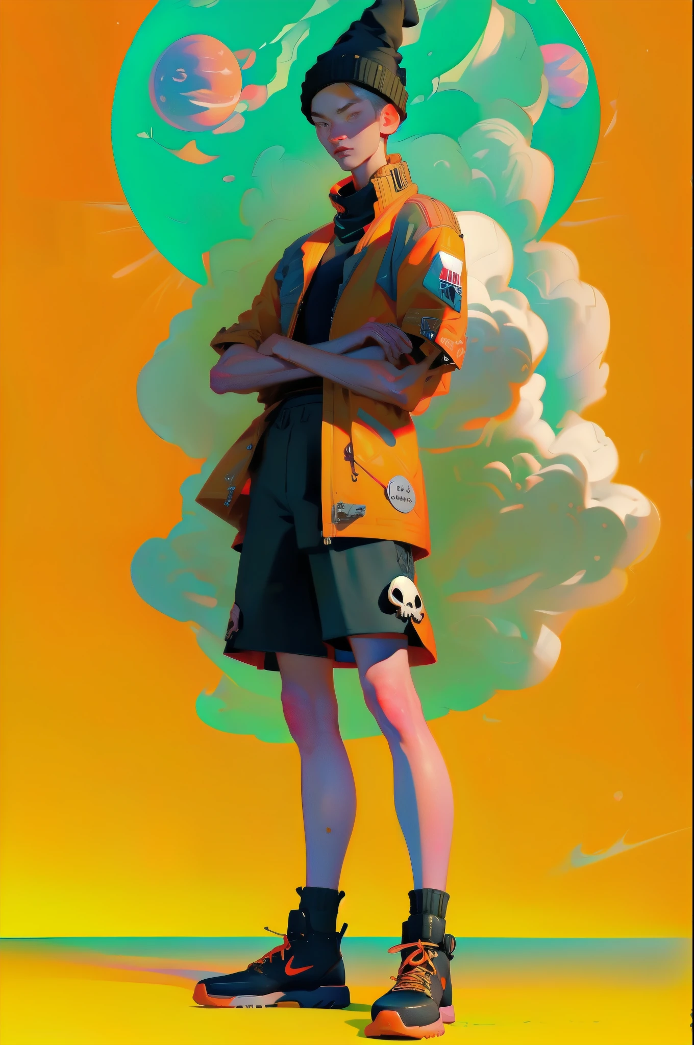 (ultra detailed, Ultra high resolution , detailed background),((2d)),((flat color)),((Mute color)), 1SOLO,  looking at the spectator ,  Japanese futuristic cyborg character , Urbano, (pose (((crossed arms))).  He wears huge yellow rubber sneakers in the futuristic Nike style,  wide scarf around his neck  ( moved by the wind ), ( wide yellow jacket , quilted , gross,  with repetitive line pattern ) ( the jacket has some skull patches ,  colors and planets ),  the jacket has a long neck ,  wears shorts with long socks , ((with huge knitted hat for the cold )) full body image, (( full body)) (hdr) (8K) ( very defined facial features )