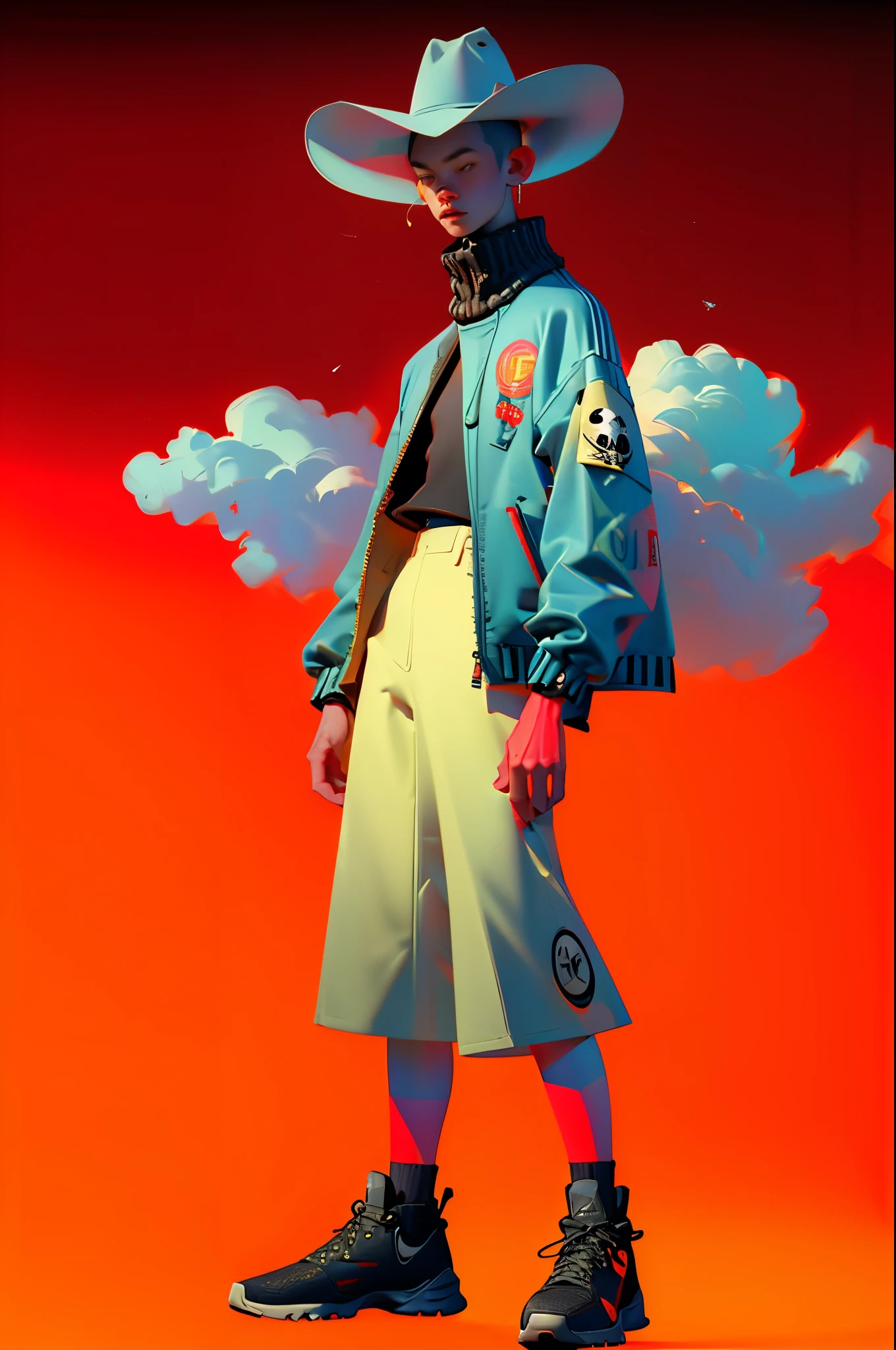 (ultra detailed, Ultra high resolution , detailed background),((2d)),((flat color)),((Mute color)), 1SOLO,  looking at the spectator ,  Japanese futuristic cyborg character , Urbano, ( posing crossing the arms ).  He wears huge yellow rubber sneakers style Nike , wide scarf  ( moved by the wind ),  wide and padded jacket with a repetitive pattern like line texture ( the jacket has some skull patches ,  colors and planets ),  the jacket has a long neck ,  wears shorts with long socks astronaut helmet  (( with cowboy hat )) full body image, (( full body)) (hdr) (8K)