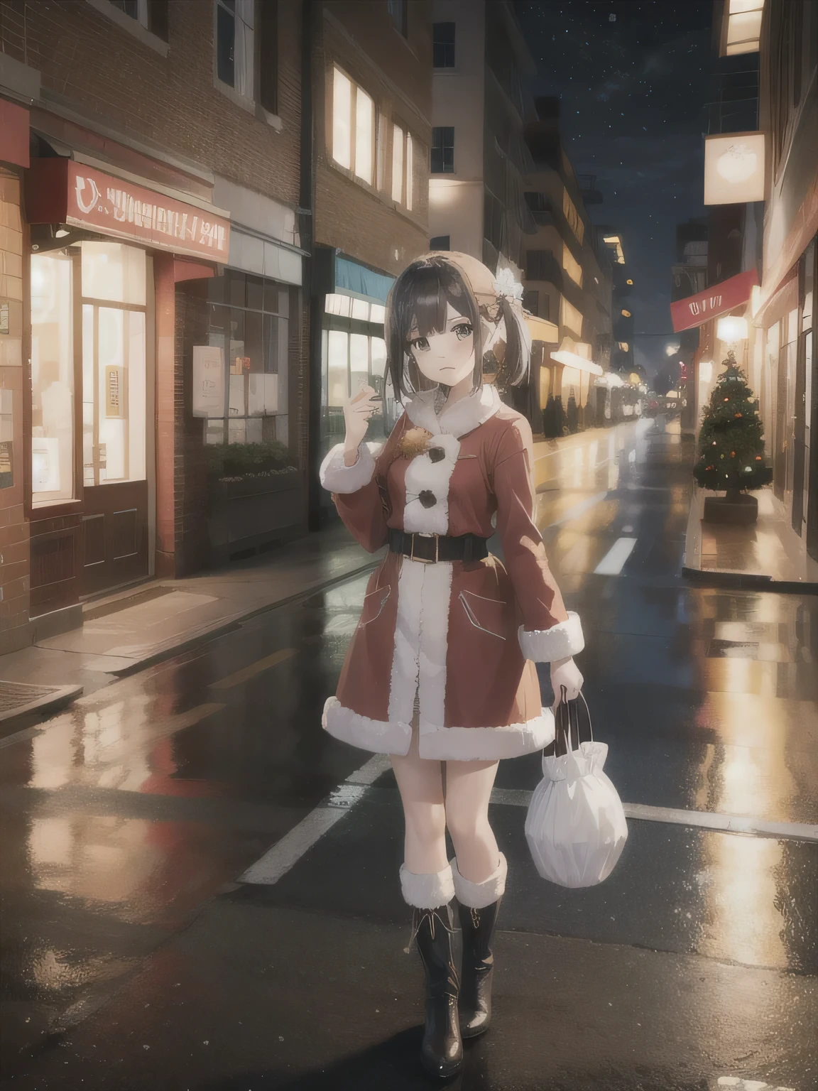 She is dressed in a classic Santa Claus outfit, with a red and white coat, a matching skirt, and black boots, perfectly tailored to her small frame. On her back, she carries a large, white sack filled with presents, the soft fabric of the bag hinting at its generous contents. The The background is a street corner illuminated with Christmas decorations, with the sky transitioning from a warm orange of sunset to the cool blue of night. Snowflakes gently fall, adding to the tranquil winter atmosphere. The girl’s bright and cheerful expression contrasts beautifully with the peaceful surroundings, evoking a sense of warmth and festive joy.20-year-old woman. masterpiece,  top quality, ( colorful ),(Kind eyes and face),  volume light,  ray tracing,  Highly Detailed CG Unity 8K Wallpaper.