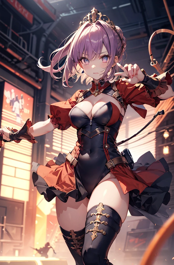 ((upper body)),1girl,solo,(using a whip, in battle pose:1.3),Default, NeroOriginalOutfit,purple hair,long hair,large breasts,curvy,(dress:1.3),black leotard),highleg,cleavage,navel cutout,high heel boots,tiara,masterpiece,Noise Reduction,perfect anatomy,high resolution, ultra-detailed, ultra-detailed face,game cg,dutch angle ,beautiful detailed eyes,visualart,five fingers, perfect hands, perfect lighting, sparkling pupils,