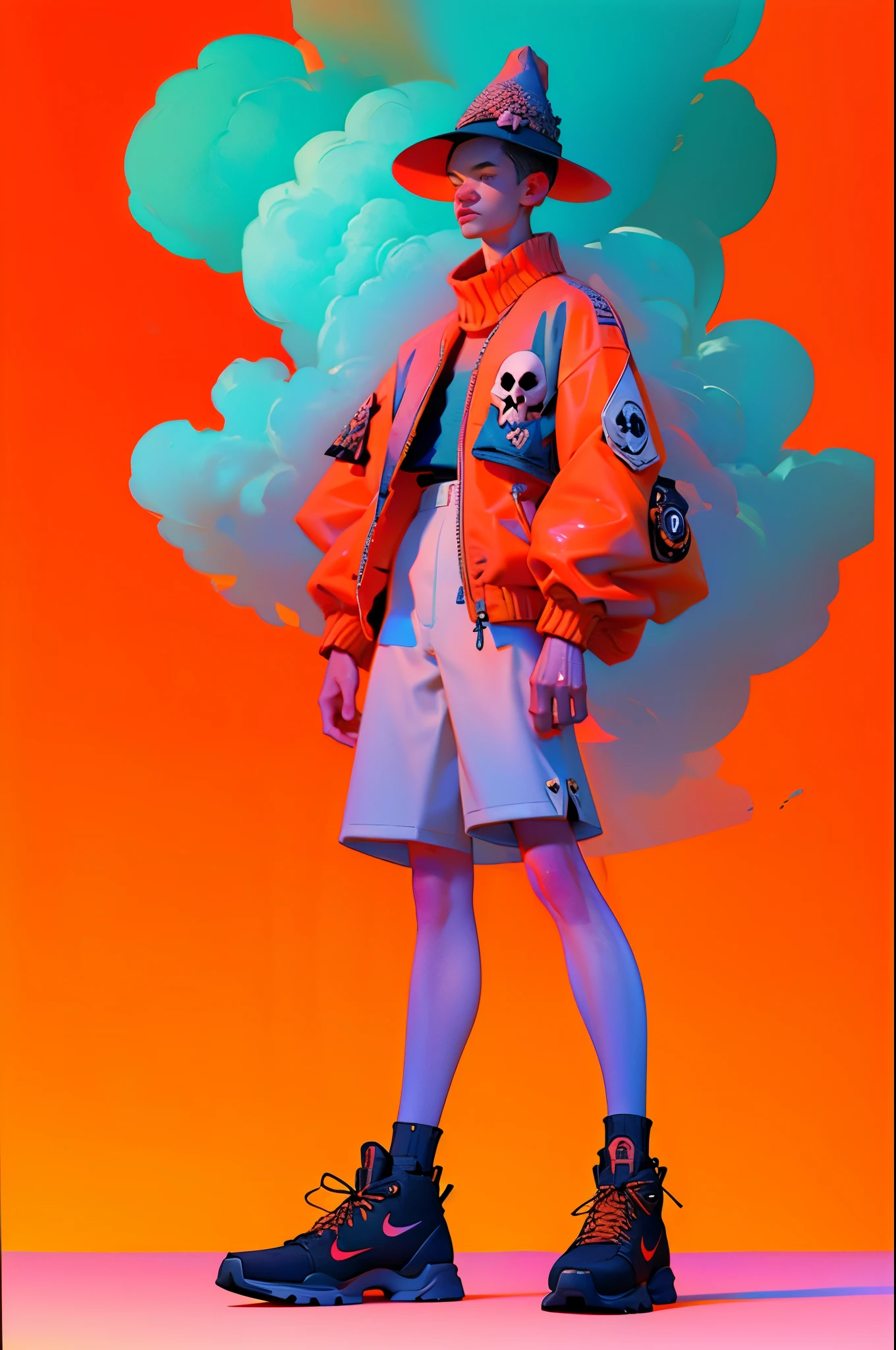 (ultra detailed, Ultra high resolution , detailed background),((2d)),((flat color)),((Mute color)), 1SOLO,  looking at the spectator ,  Japanese futuristic cyborg character , Urbano, (pose (crossed arms)).  He wears huge yellow rubber sneakers in the futuristic Nike style,  wide scarf around his neck  ( moved by the wind ), ( wide yellow jacket , quilted , gross,  with repetitive line pattern ) ( the jacket has some skull patches ,  colors and planets ),  the jacket has a long neck ,  wears shorts with long socks , (( with huge hat for the cold weather )) full body image, (( full body)) (hdr) (8K)